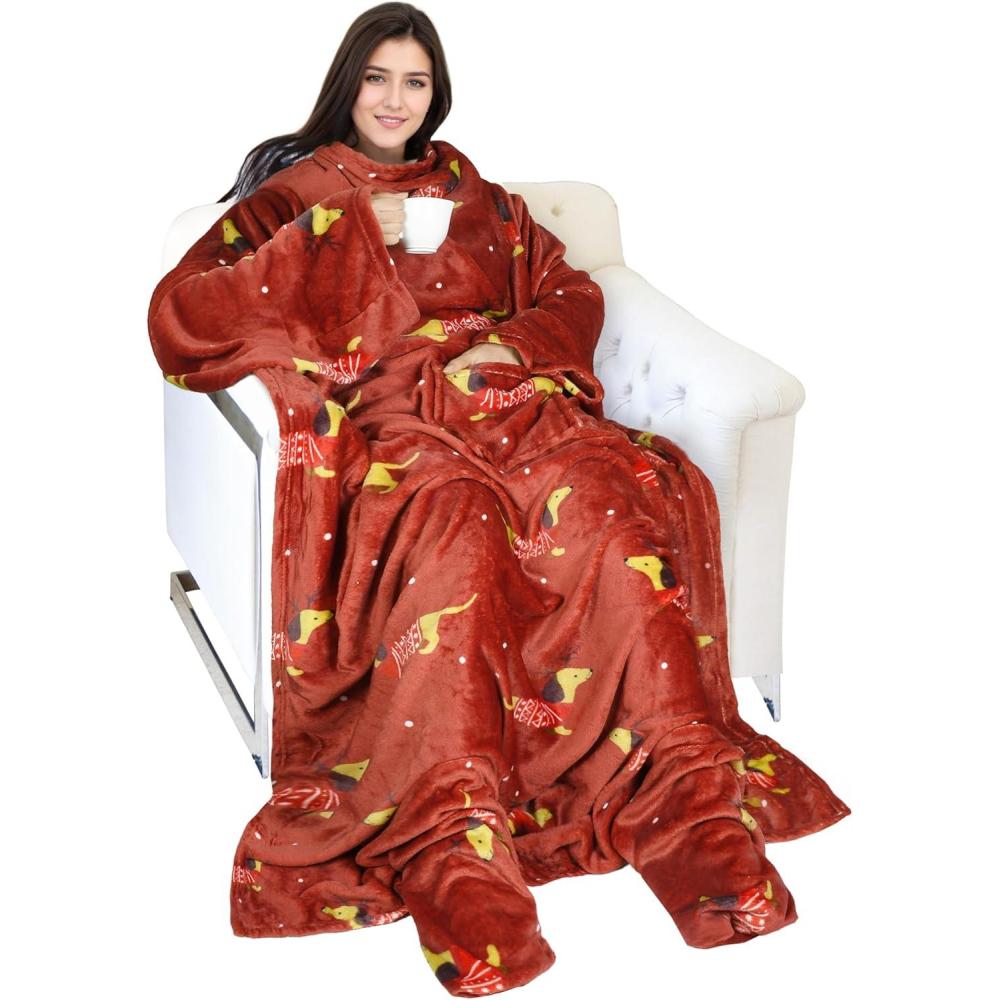 imageCatalonia Xmas Dachshund Print Wearable Blanket with Sleeves and Foot Pocket UltraSoft Warm Fleece Long Throw Snuggly Blanket for Sleeping amp TV Time Cozy Christmas Gift for Women amp MenXmas Dachshund Wine