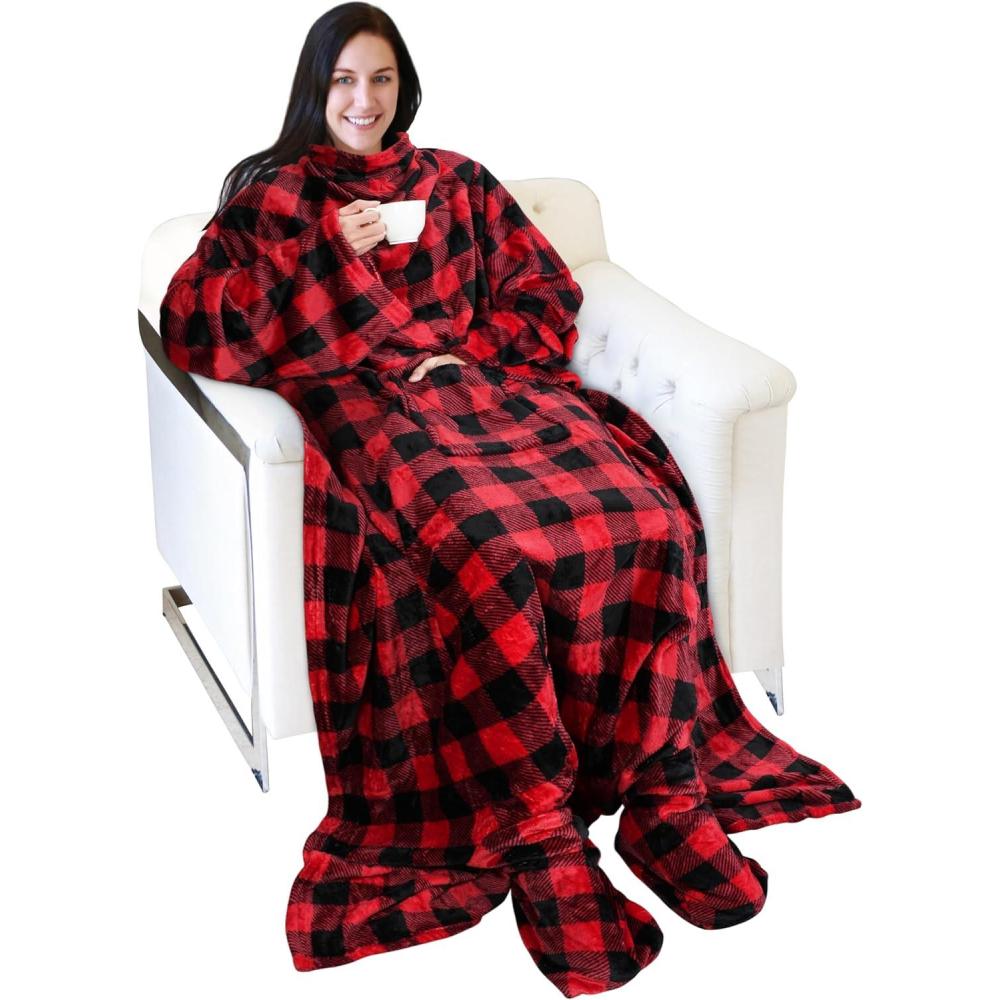imageCatalonia Xmas Dachshund Print Wearable Blanket with Sleeves and Foot Pocket  UltraSoft Warm Fleece Long Throw Snuggly Blanket for Sleeping amp TV Time  Cozy Christmas Gift for Women amp MenRed Checker