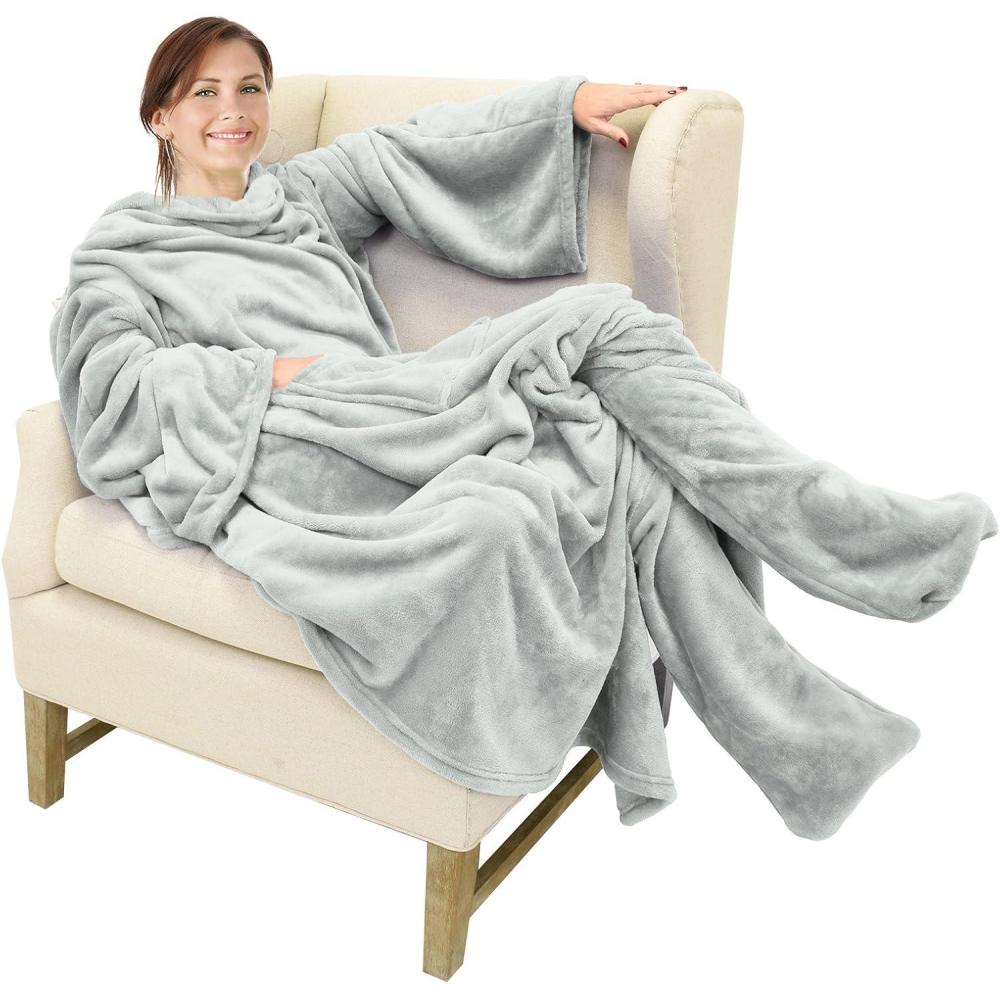 imageCatalonia Xmas Dachshund Print Wearable Blanket with Sleeves and Foot Pocket UltraSoft Warm Fleece Long Throw Snuggly Blanket for Sleeping amp TV Time Cozy Christmas Gift for Women amp MenLight Gray