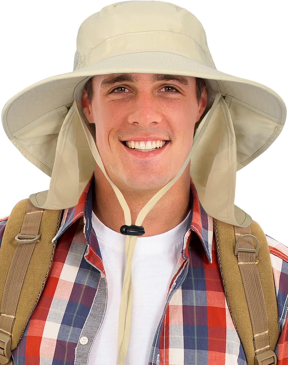 imageCatalonia Sun Hat for MenOutdoor Wide Brim Hat with Neck Flap Cover for Fishing Hiking Safari GardeningTan Side Mesh