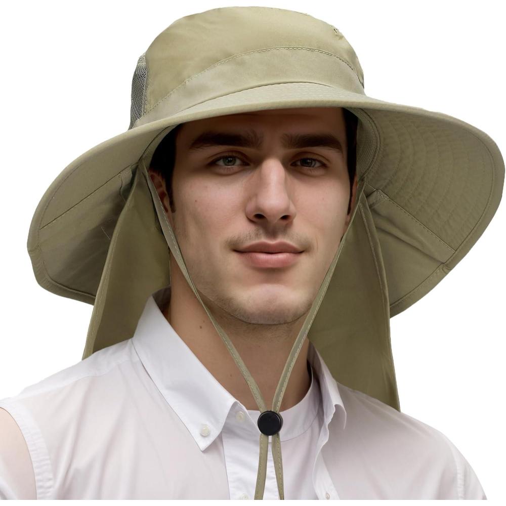 imageCatalonia Sun Hat for MenOutdoor Wide Brim Hat with Neck Flap Cover for Fishing Hiking Safari GardeningOlive  Side Mesh