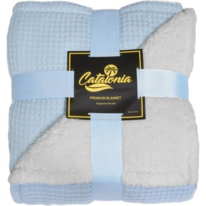 Catalonia Sherpa Throw Blanket,Reversible Cozy Knit Waffle Pattern(Light Blue)