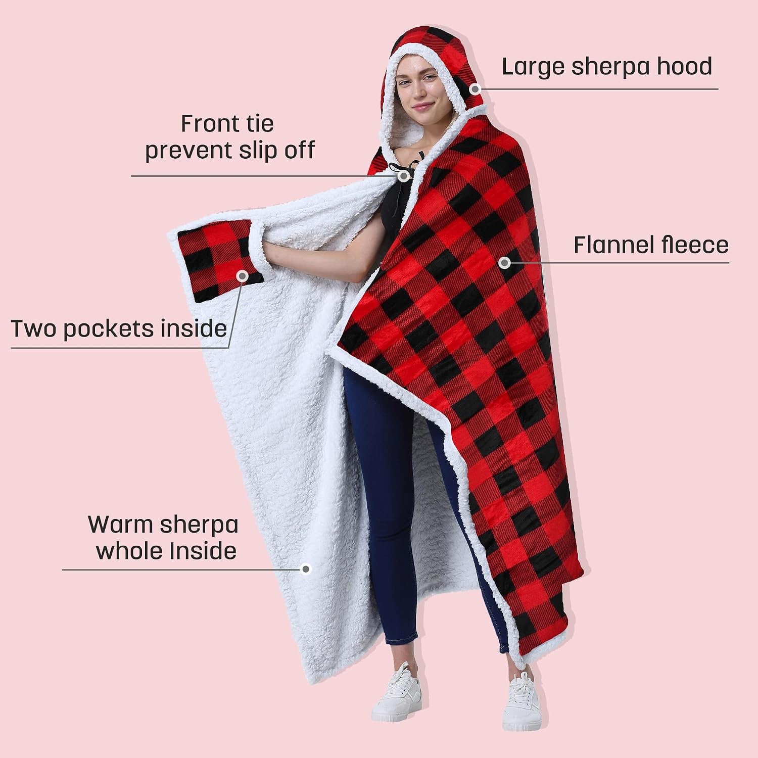 image:imageCatalonia Hooded Blanket Poncho Wearable Blanket with Hand Pockets DualLayer Wrap Throw for Extra Warmth Perfect for Reading TV Time amp Relaxing Christmas amp Birthday Gift for Women amp MenChecker
