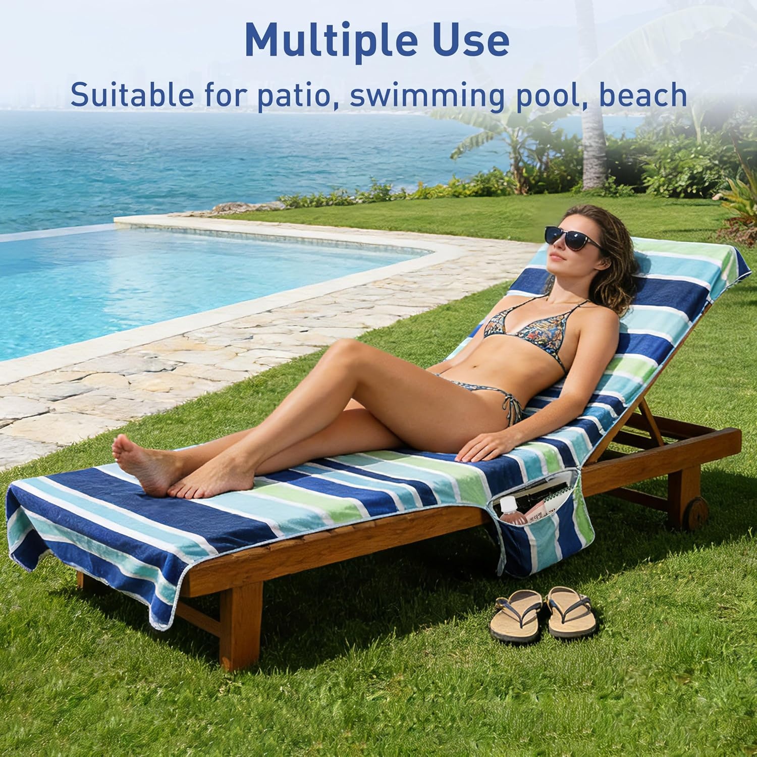 image:imageCatalonia Lounge Chair Towel Cover with Fitted Top Pocket Large Quick Dry Beach Chair Covers No Sliding Chaise Cover Towel for Outdoor Travel Pool Patio Sunbathing 78 x 31 inch Multicolor StripeMulticolor Stripe