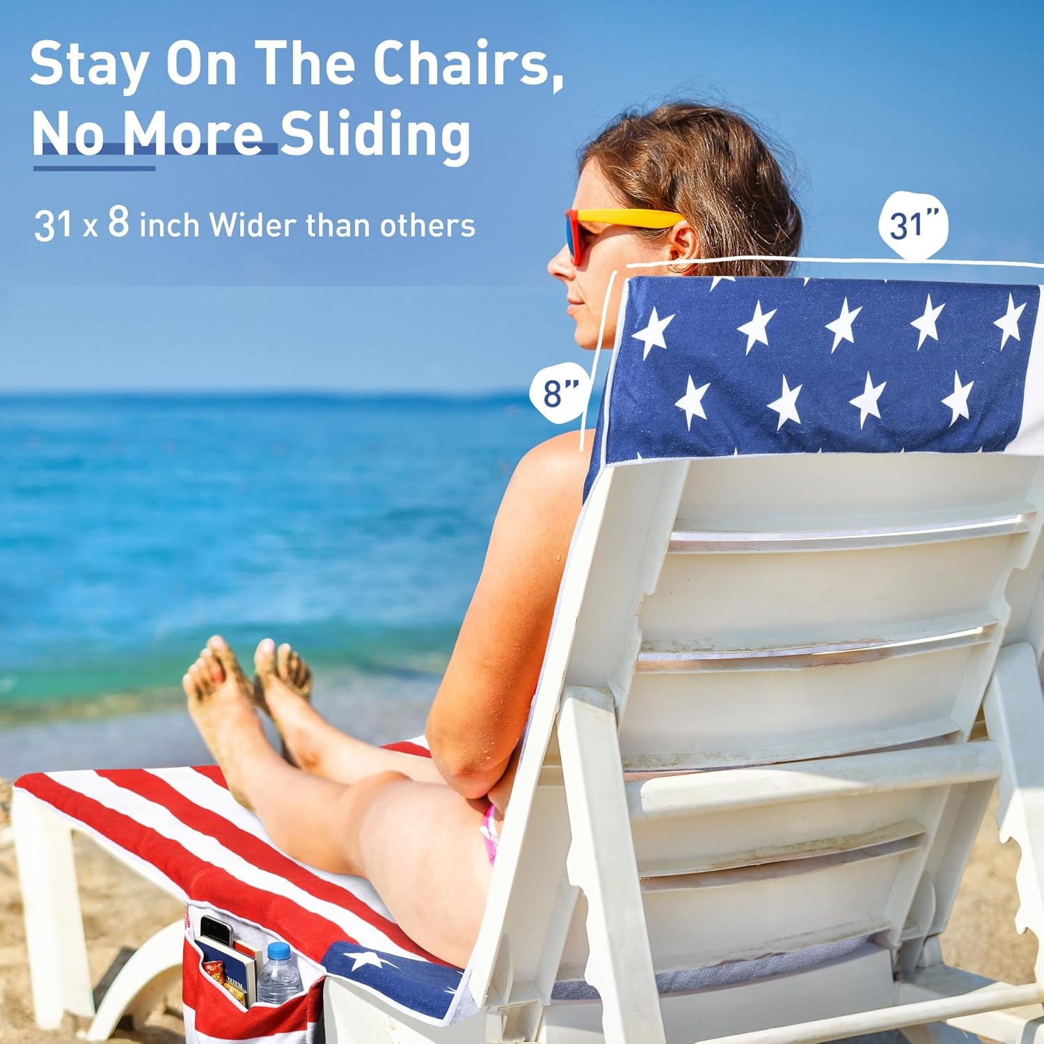 image:imageCatalonia Lounge Chair Towel Cover with Fitted Top Pocket Large Quick Dry Beach Chair Covers No Sliding Chaise Cover Towel for Outdoor Travel Pool Patio Sunbathing 78 x 31 inch Multicolor StripeUsa Flag
