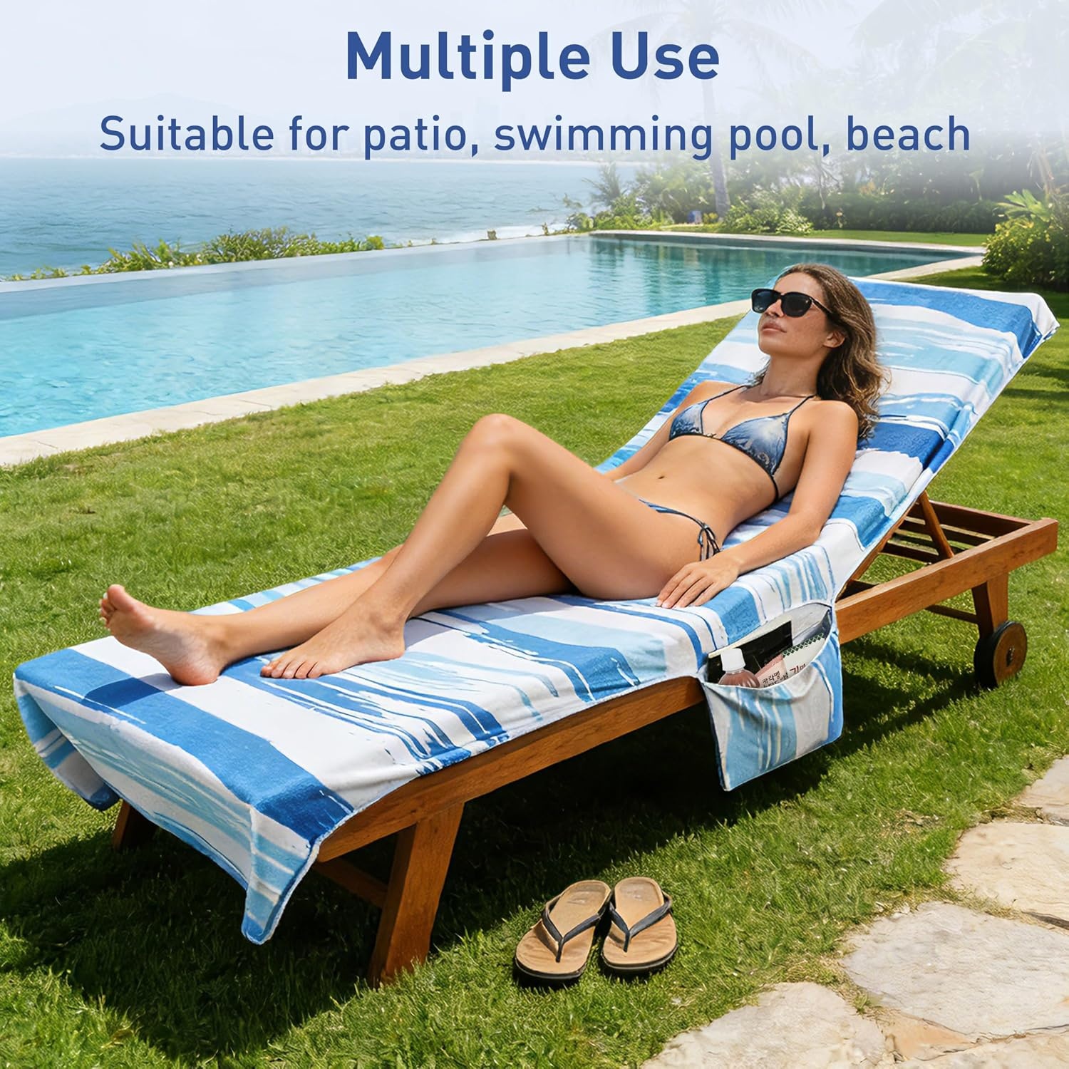 image:imageCatalonia Lounge Chair Towel Cover with Fitted Top Pocket Large Quick Dry Beach Chair Covers No Sliding Chaise Cover Towel for Outdoor Travel Pool Patio Sunbathing 78 x 31 inch Multicolor StripeBlue Waves