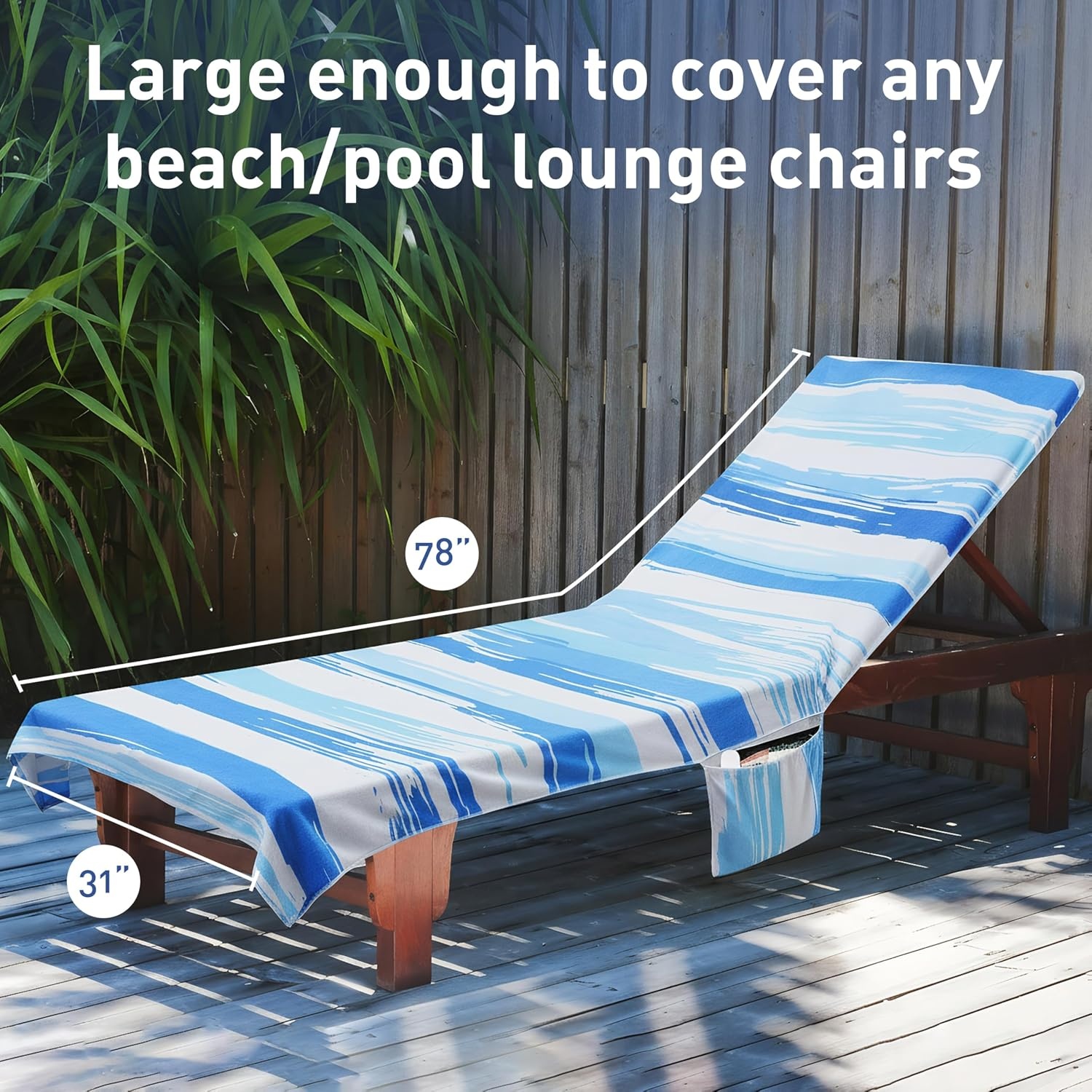 image:imageCatalonia Lounge Chair Towel Cover with Fitted Top Pocket Large Quick Dry Beach Chair Covers No Sliding Chaise Cover Towel for Outdoor Travel Pool Patio Sunbathing 78 x 31 inch Multicolor StripeBlue Waves