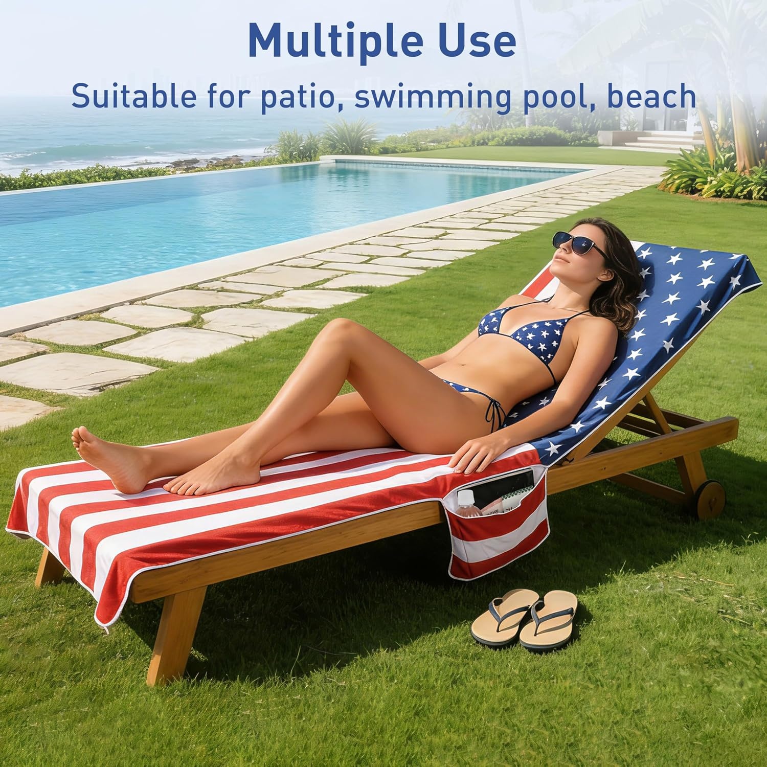 image:imageCatalonia Lounge Chair Towel Cover with Fitted Top Pocket Large Quick Dry Beach Chair Covers No Sliding Chaise Cover Towel for Outdoor Travel Pool Patio Sunbathing 78 x 31 inch Multicolor StripeUsa Flag