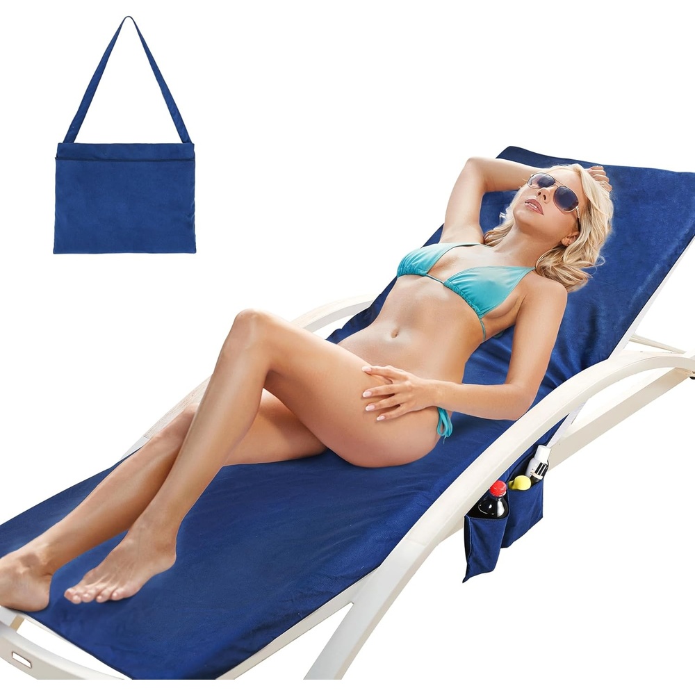 image:imageCatalonia Lounge Chair Towel Cover with Fitted Top Pocket Large Quick Dry Beach Chair Covers No Sliding Chaise Cover Towel for Outdoor Travel Pool Patio Sunbathing 78 x 31 inch Multicolor StripeNavy
