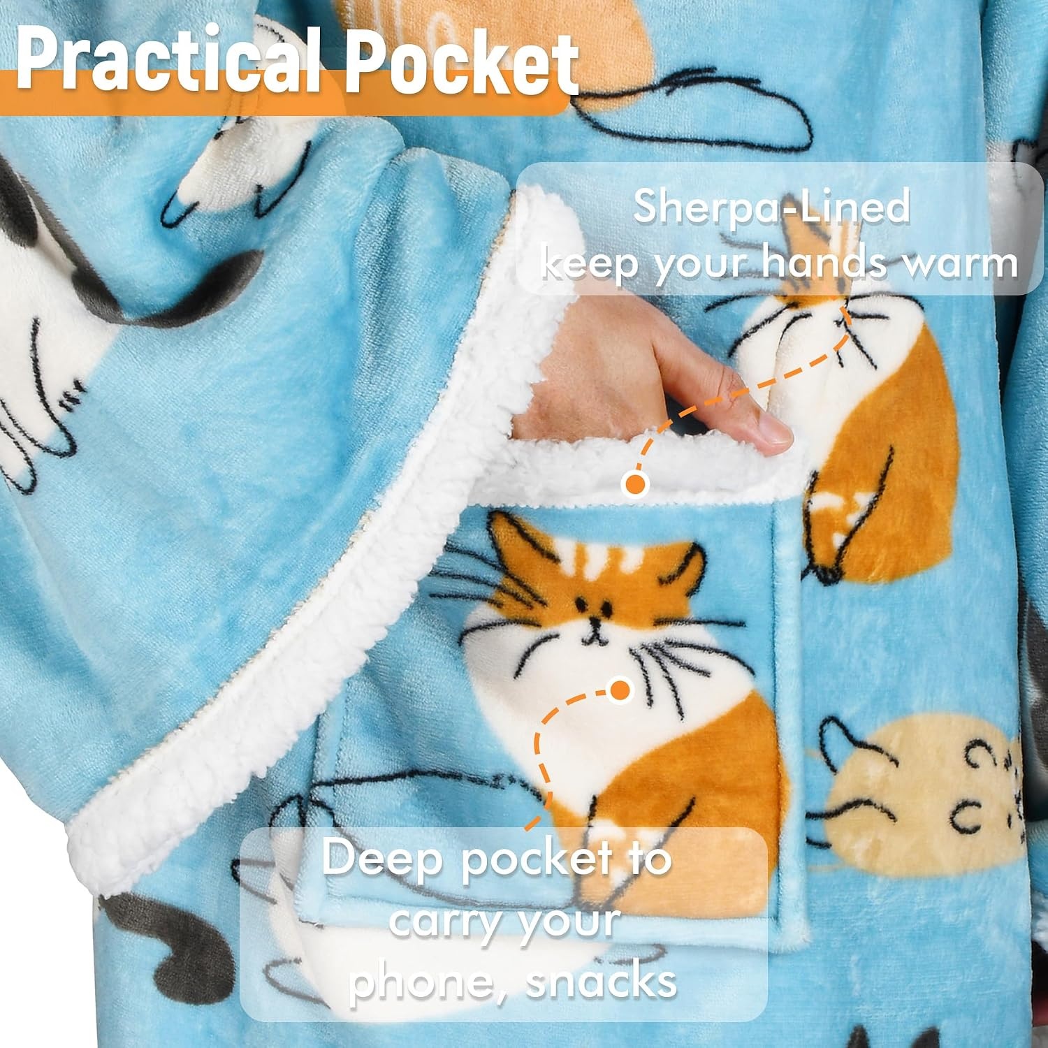 image:imageCatalonia Sherpa Wearable Blanket with Sleeves and Pocket for Adults DualLayer Blanket Wrap for Extra Warmth Reading Watching TV and Relaxing Christmas and Birthday Gift for Women and MenCat Blue