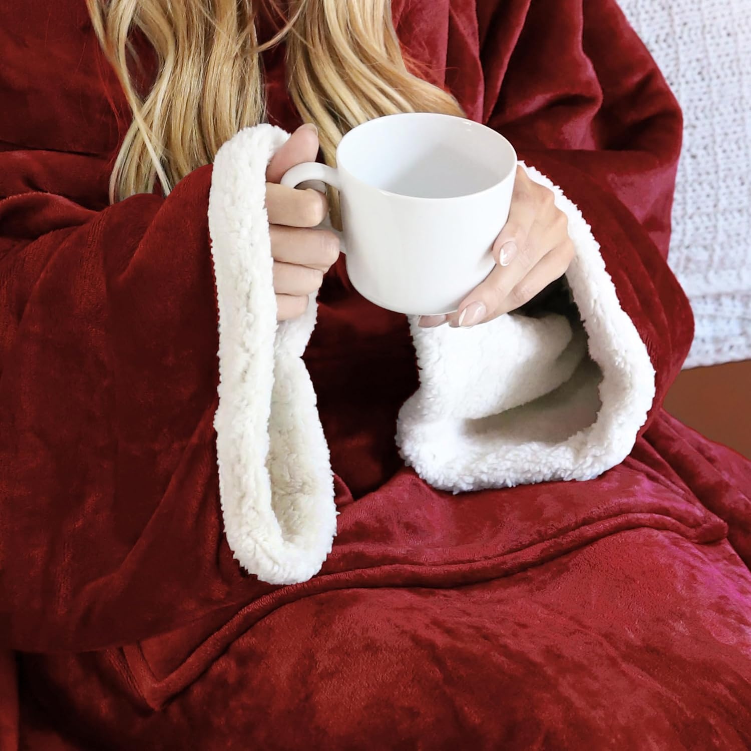 image:imageCatalonia Sherpa Wearable Blanket with Sleeves and Pocket for Adults DualLayer Blanket Wrap for Extra Warmth Reading Watching TV and Relaxing Christmas and Birthday Gift for Women and MenWine