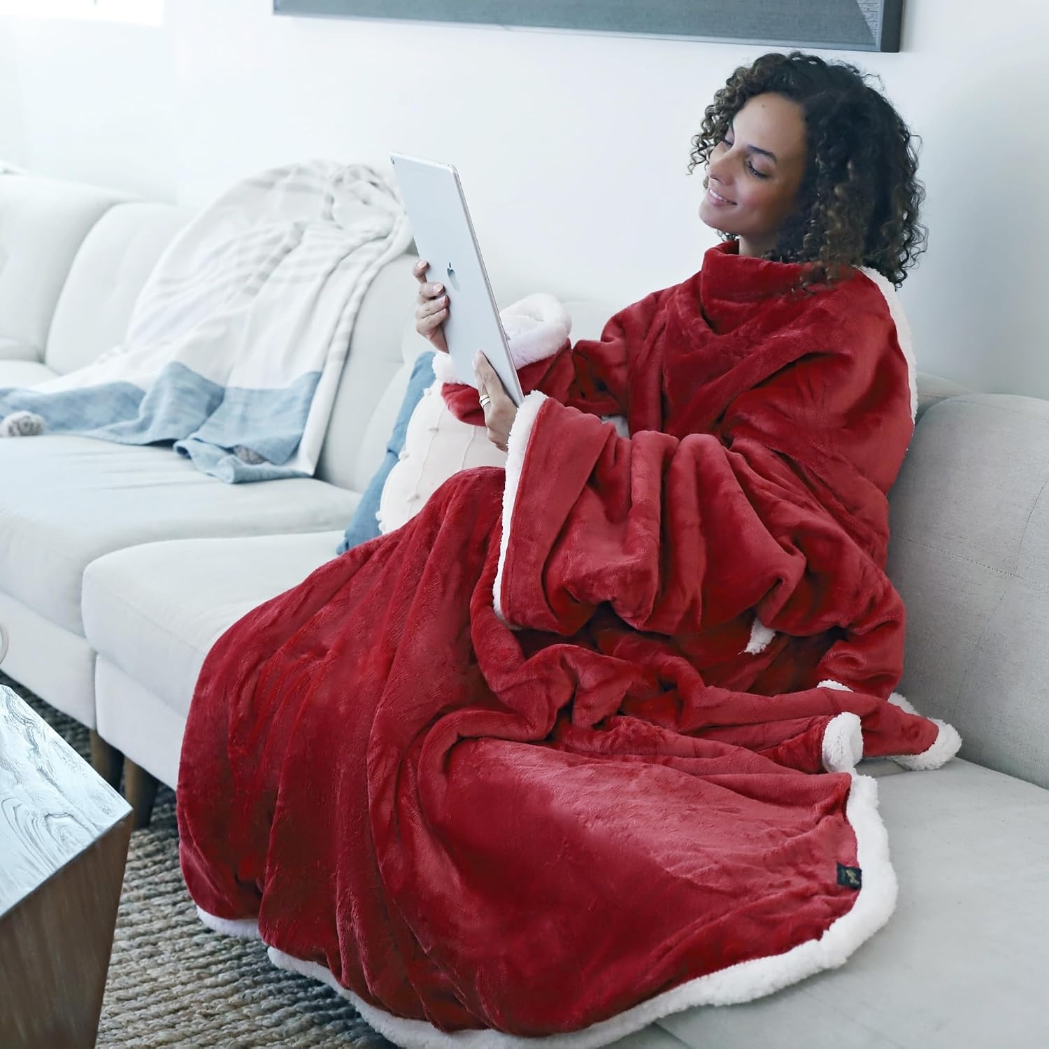 image:imageCatalonia Sherpa Wearable Blanket with Sleeves and Pocket for Adults DualLayer Blanket Wrap for Extra Warmth Reading Watching TV and Relaxing Christmas and Birthday Gift for Women and MenWine