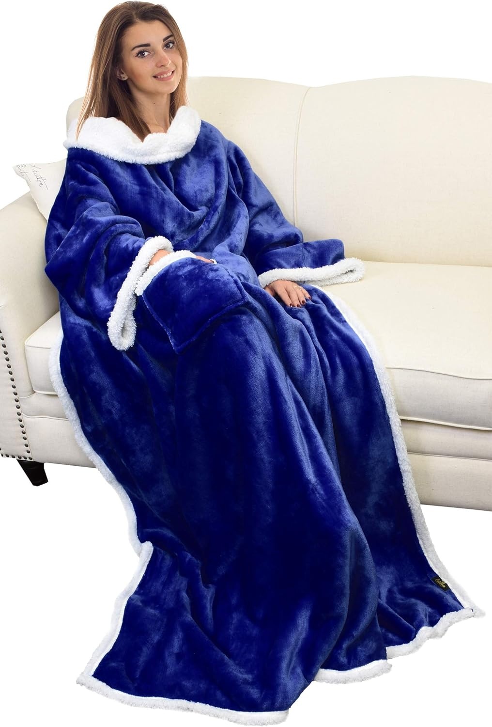 image:imageCatalonia Sherpa Wearable Blanket with Sleeves and Pocket for Adults DualLayer Blanket Wrap for Extra Warmth Reading Watching TV and Relaxing Christmas and Birthday Gift for Women and MenBlue