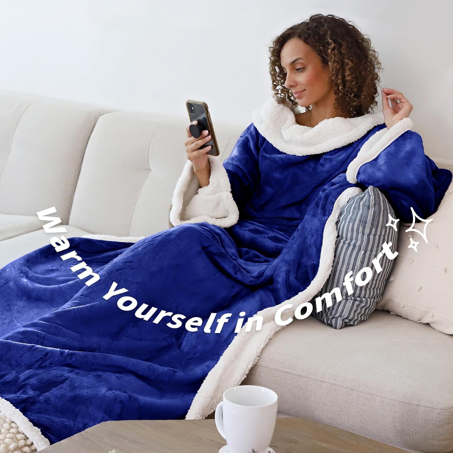 image:imageCatalonia Sherpa Wearable Blanket with Sleeves and Pocket for Adults DualLayer Blanket Wrap for Extra Warmth Reading Watching TV and Relaxing Christmas and Birthday Gift for Women and MenBlue