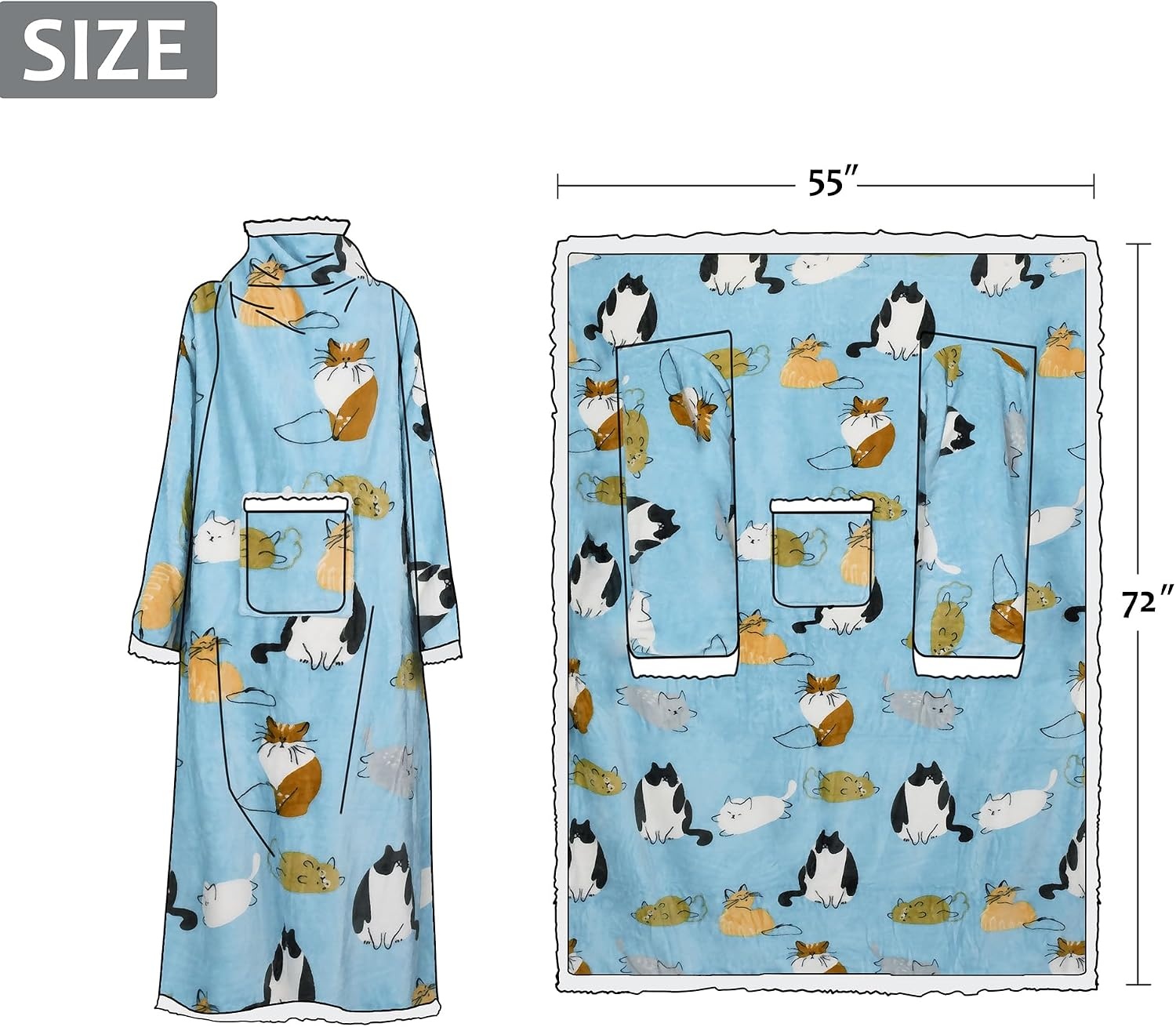 image:imageCatalonia Sherpa Wearable Blanket with Sleeves and Pocket for Adults DualLayer Blanket Wrap for Extra Warmth Reading Watching TV and Relaxing Christmas and Birthday Gift for Women and MenCat Blue