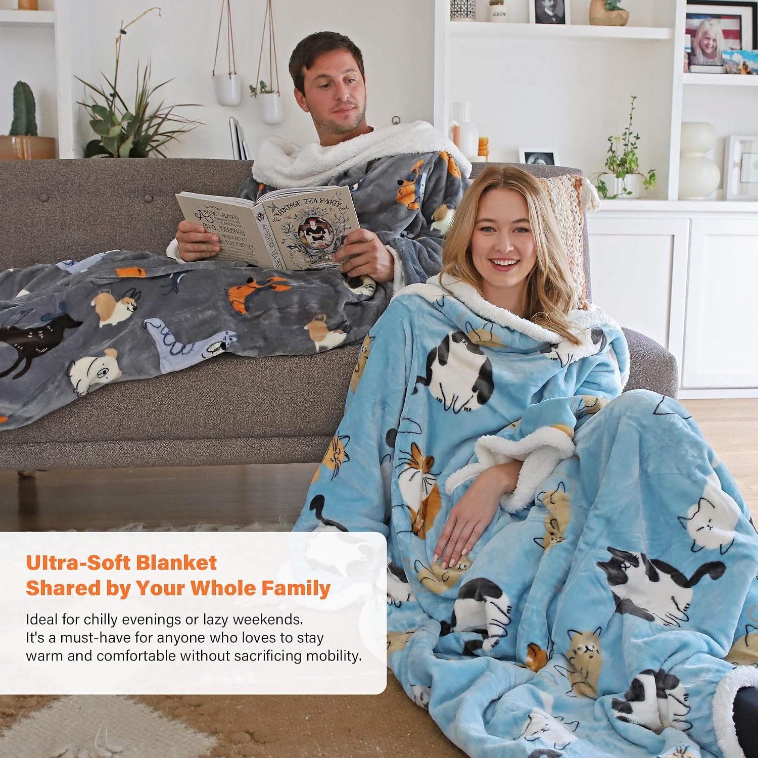 image:imageCatalonia Sherpa Wearable Blanket with Sleeves and Pocket for Adults DualLayer Blanket Wrap for Extra Warmth Reading Watching TV and Relaxing Christmas and Birthday Gift for Women and MenCat Blue