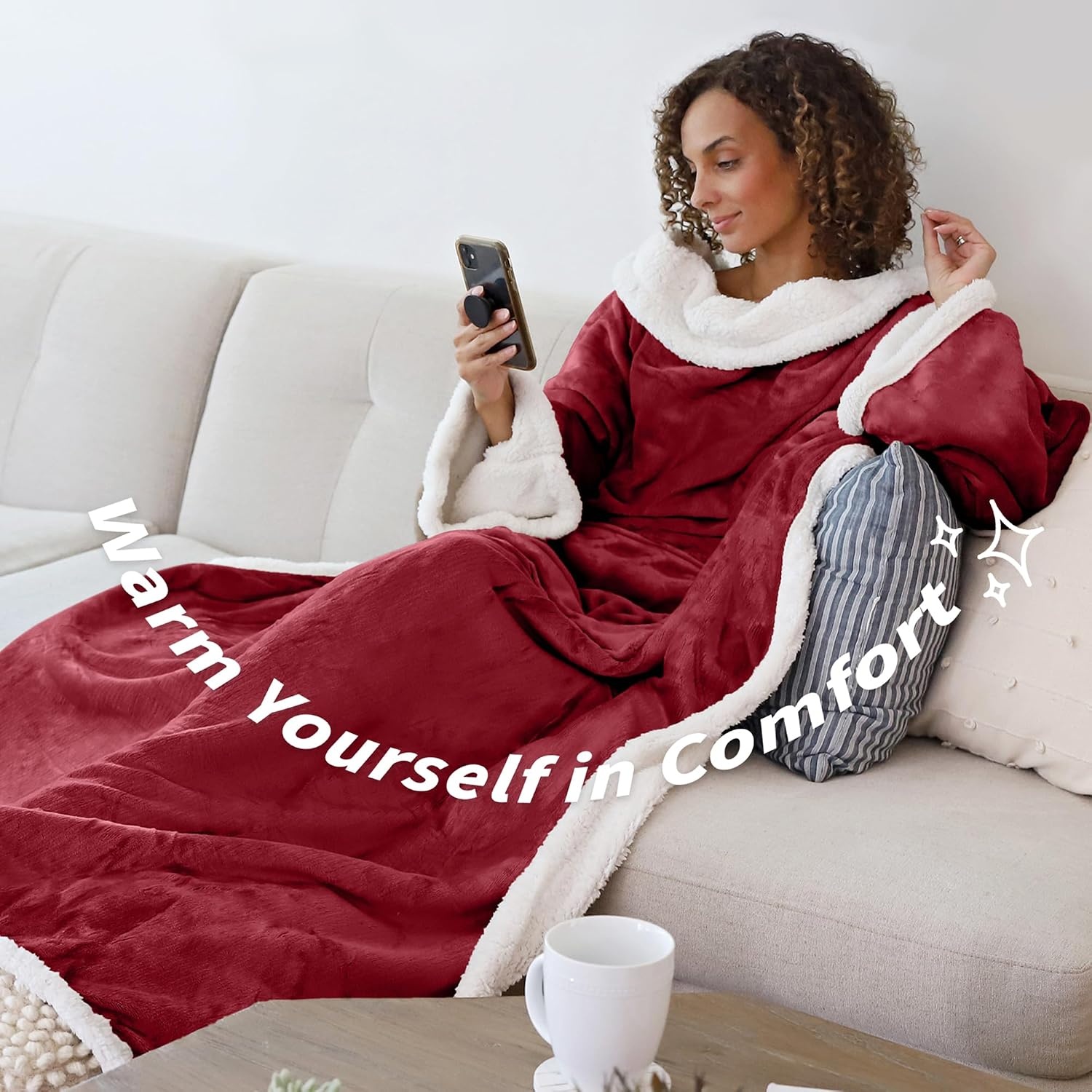 image:imageCatalonia Sherpa Wearable Blanket with Sleeves and Pocket for Adults DualLayer Blanket Wrap for Extra Warmth Reading Watching TV and Relaxing Christmas and Birthday Gift for Women and MenWine