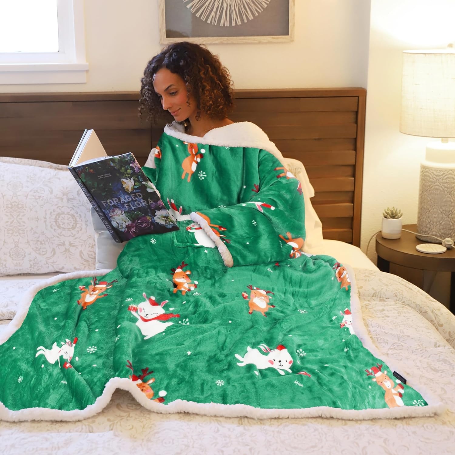 image:imageCatalonia Sherpa Wearable Blanket with Sleeves and Pocket for Adults DualLayer Blanket Wrap for Extra Warmth Reading Watching TV and Relaxing Christmas and Birthday Gift for Women and MenRibbit Deer Green