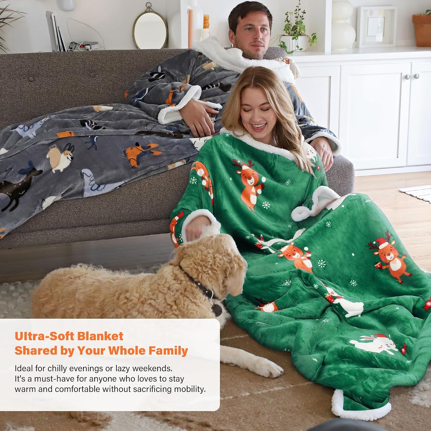 image:imageCatalonia Sherpa Wearable Blanket with Sleeves and Pocket for Adults DualLayer Blanket Wrap for Extra Warmth Reading Watching TV and Relaxing Christmas and Birthday Gift for Women and MenRibbit Deer Green