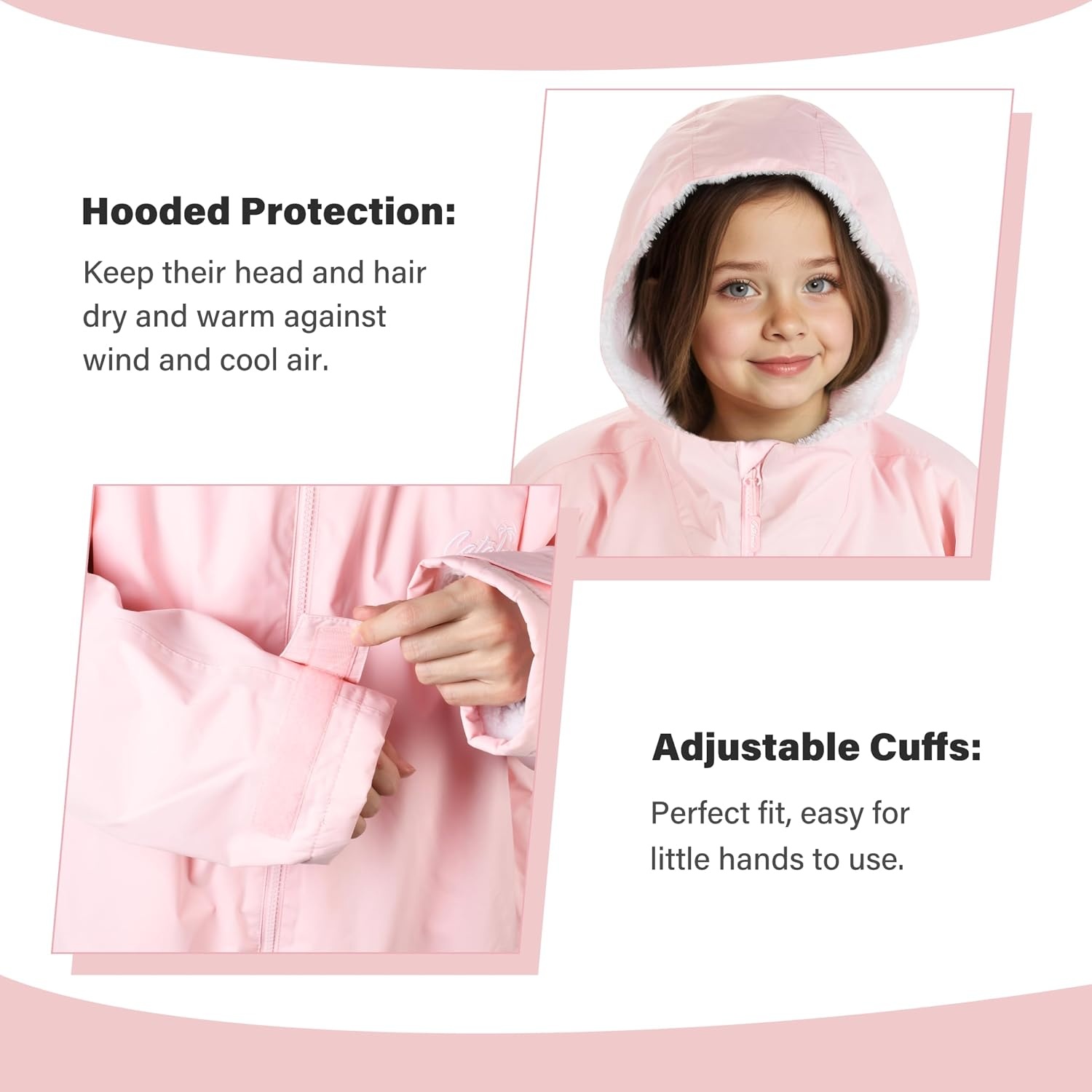 image:imageCatalonia Kids Waterproof Swim Parka with Hood SherpaLined Changing Robe CoverUp with TwoWay Zip Inner Pocket with WriteOn Name Tag for Swimming Surfing Other Water Sports at the Pool or BeachPink