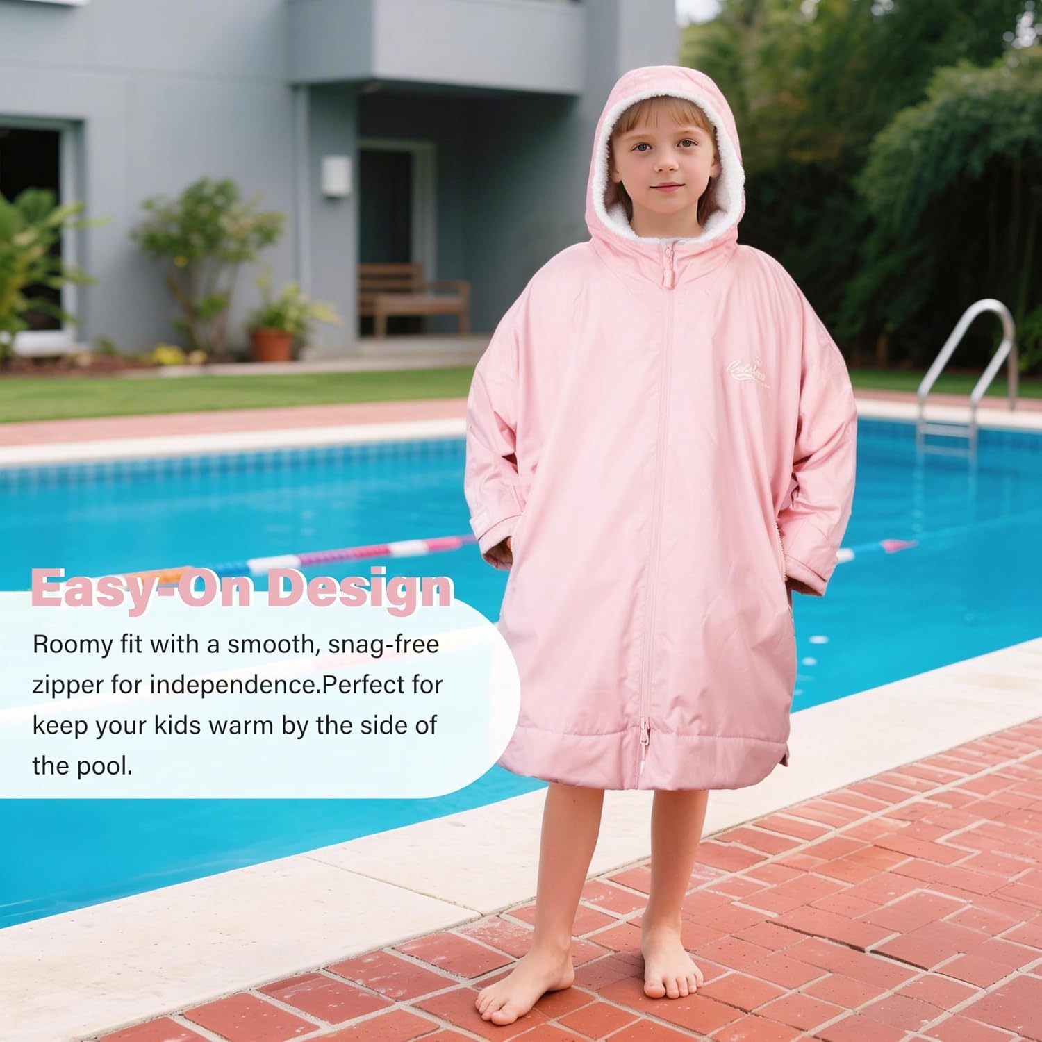 image:imageCatalonia Kids Waterproof Swim Parka with Hood SherpaLined Changing Robe CoverUp with TwoWay Zip Inner Pocket with WriteOn Name Tag for Swimming Surfing Other Water Sports at the Pool or BeachPink