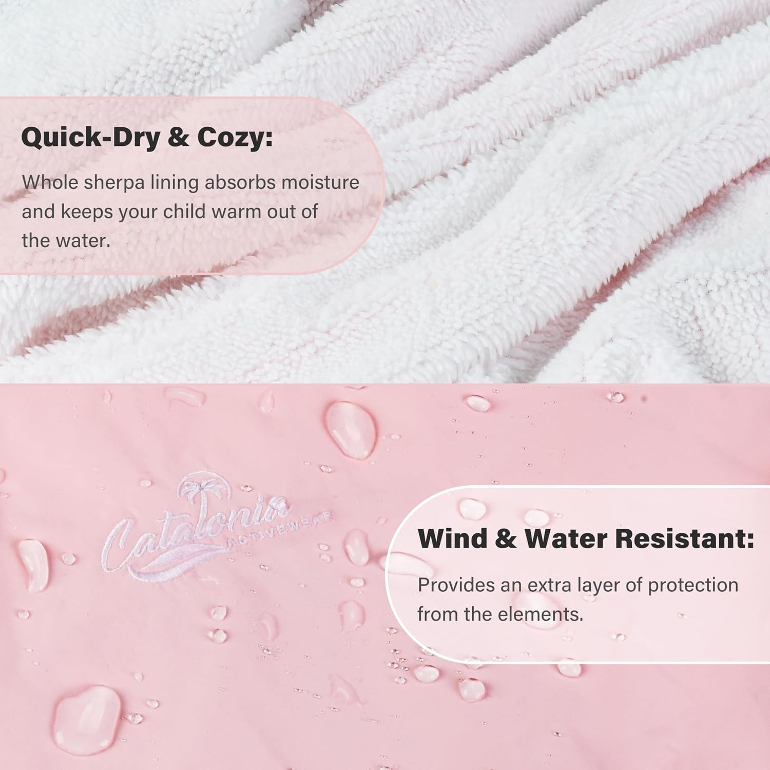 image:imageCatalonia Kids Waterproof Swim Parka with Hood SherpaLined Changing Robe CoverUp with TwoWay Zip Inner Pocket with WriteOn Name Tag for Swimming Surfing Other Water Sports at the Pool or BeachPink