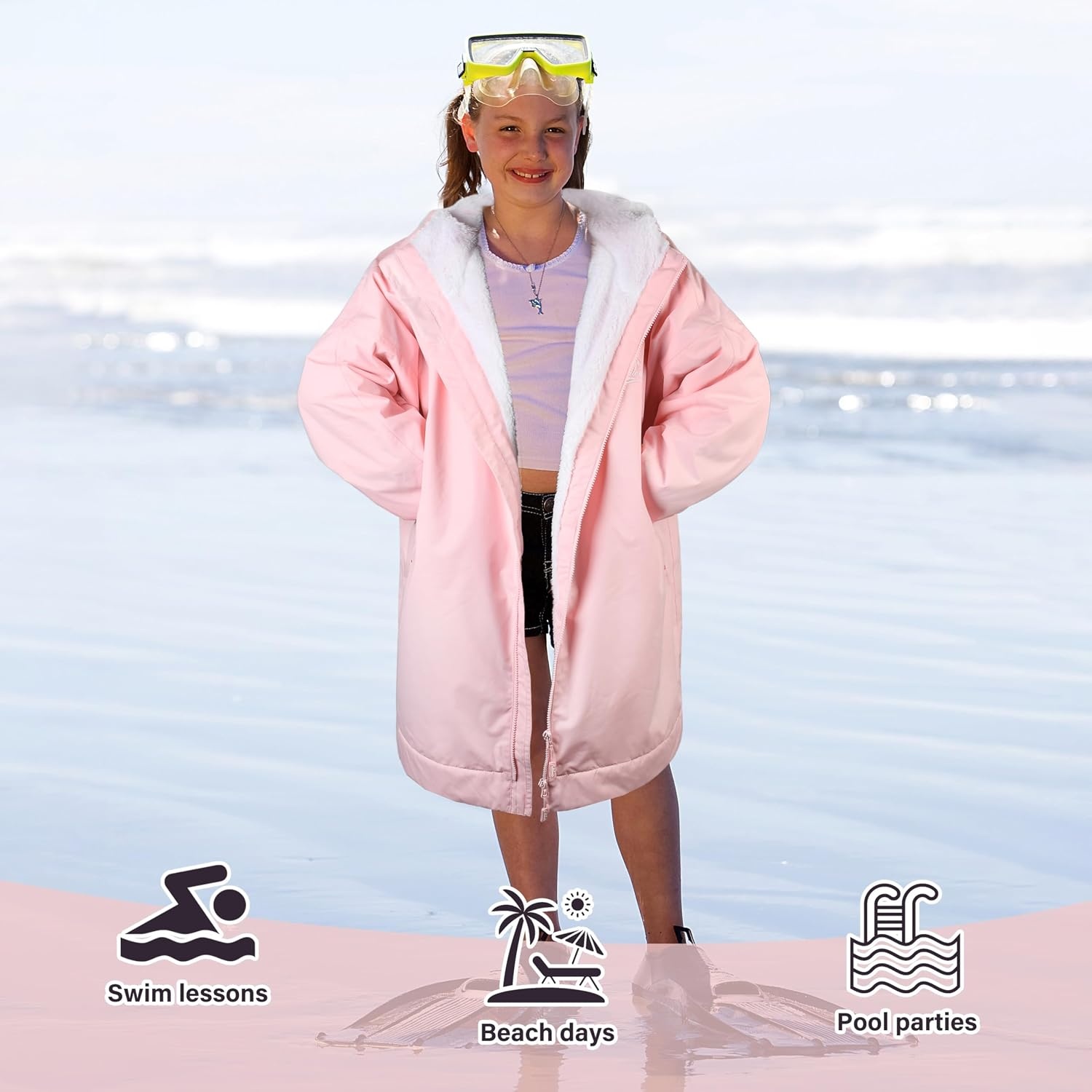 image:imageCatalonia Kids Waterproof Swim Parka with Hood SherpaLined Changing Robe CoverUp with TwoWay Zip Inner Pocket with WriteOn Name Tag for Swimming Surfing Other Water Sports at the Pool or BeachPink