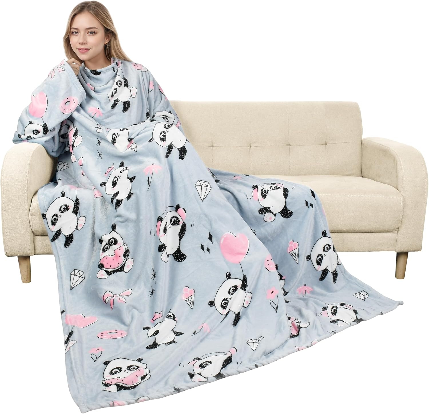 image:imageCatalonia Wearable Blanket with Sleeves for Women amp Men Fleece Wrap Throw 80s Cat Dog Print amp Sleeve Design for HandsFree Comfort Perfect for Reading TV Time amp Relaxing Christmas amp Birthday GiftPanda Grey