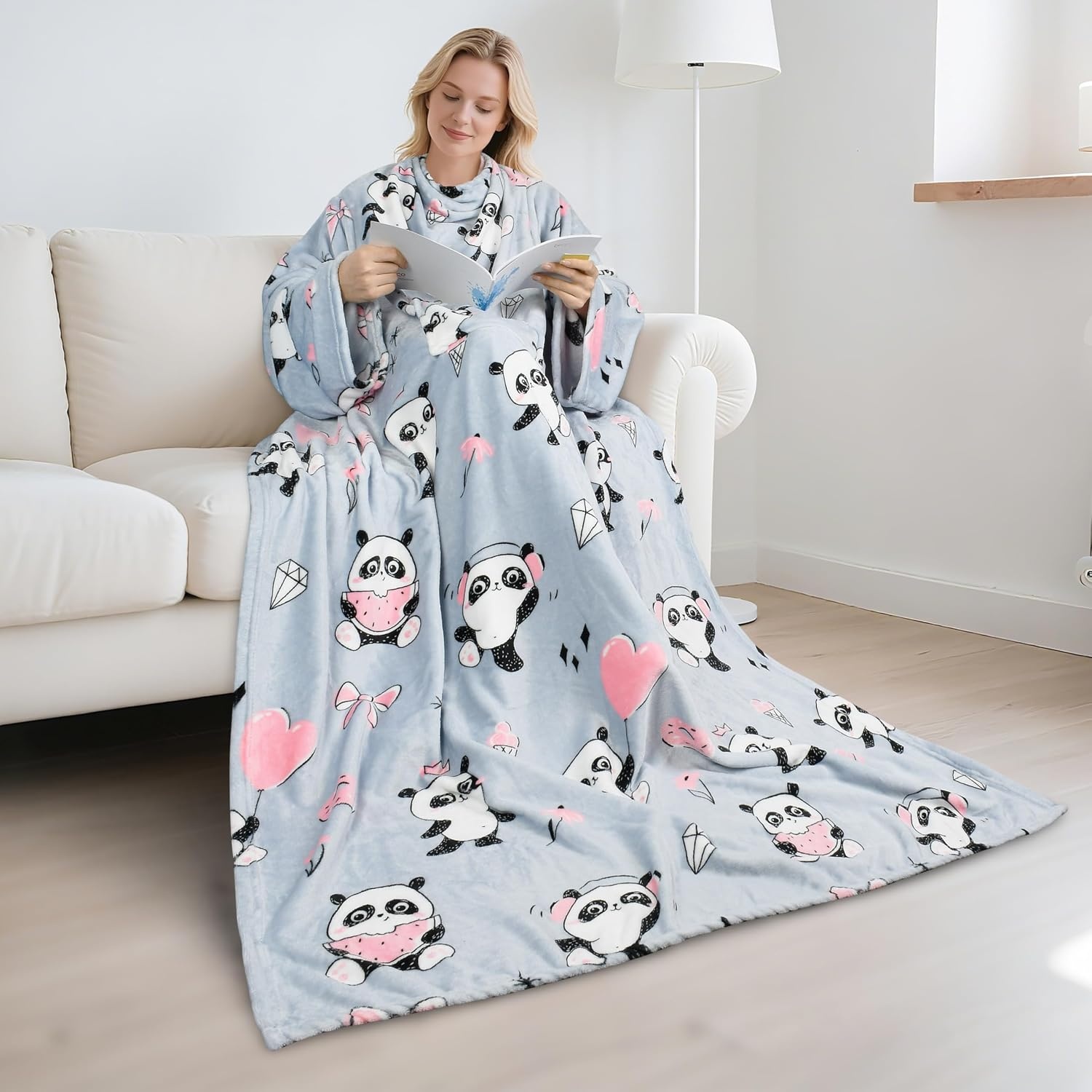 image:imageCatalonia Wearable Blanket with Sleeves for Women amp Men Fleece Wrap Throw 80s Cat Dog Print amp Sleeve Design for HandsFree Comfort Perfect for Reading TV Time amp Relaxing Christmas amp Birthday GiftPanda Grey
