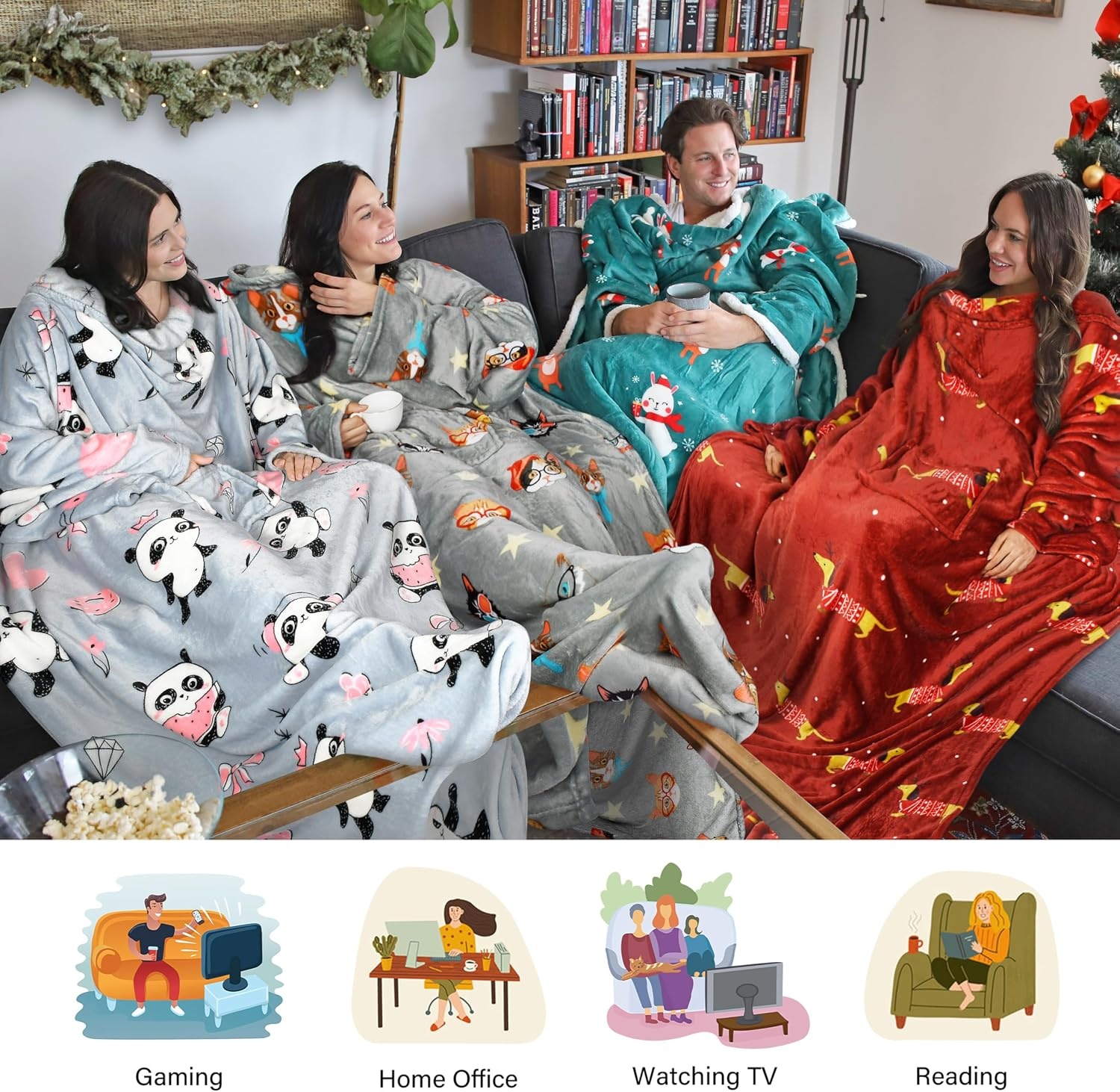 image:imageCatalonia Wearable Blanket with Sleeves for Women amp Men Fleece Wrap Throw 80s Cat Dog Print amp Sleeve Design for HandsFree Comfort Perfect for Reading TV Time amp Relaxing Christmas amp Birthday GiftPanda Grey