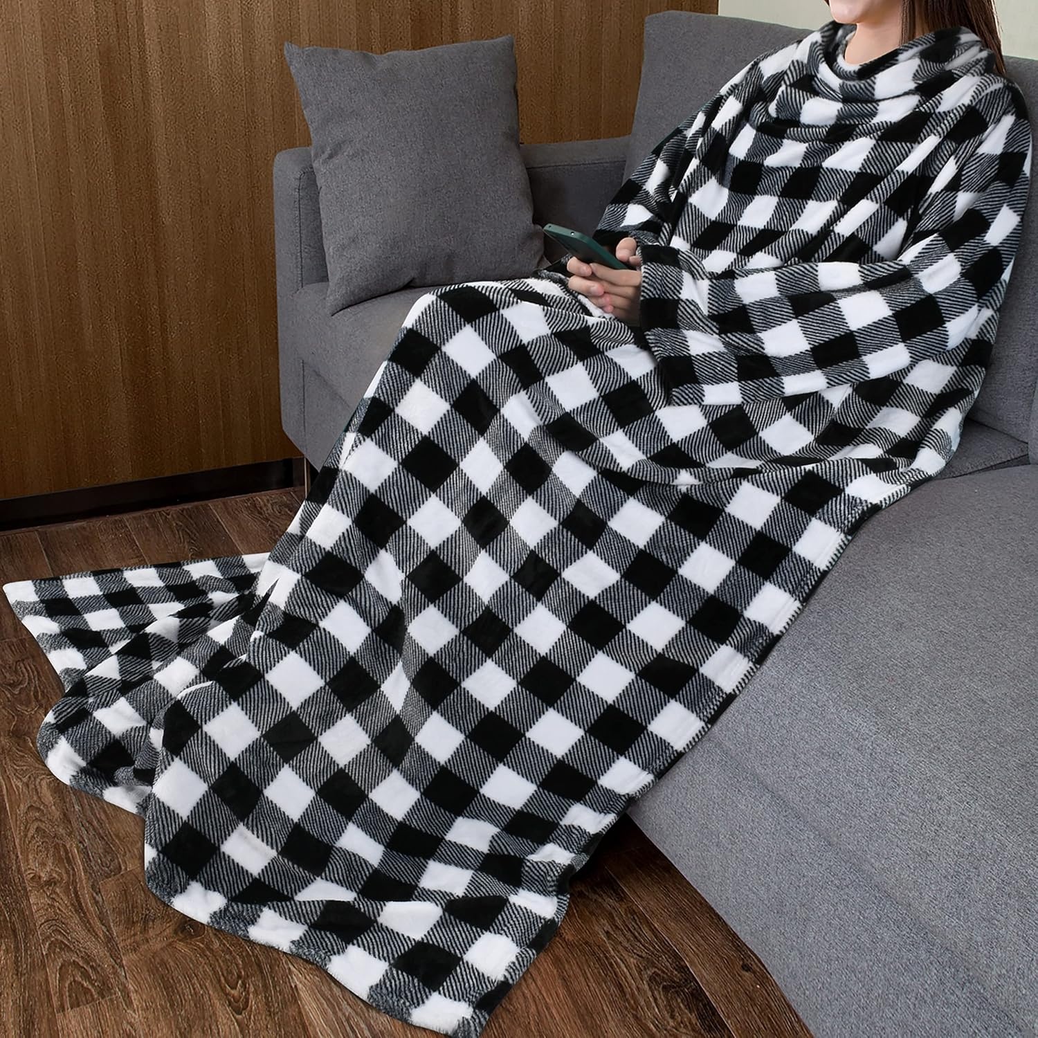 image:imageCatalonia Wearable Blanket with Sleeves for Women amp Men Fleece Wrap Throw 80s Cat Dog Print amp Sleeve Design for HandsFree Comfort Perfect for Reading TV Time amp Relaxing Christmas amp Birthday GiftPlaid White