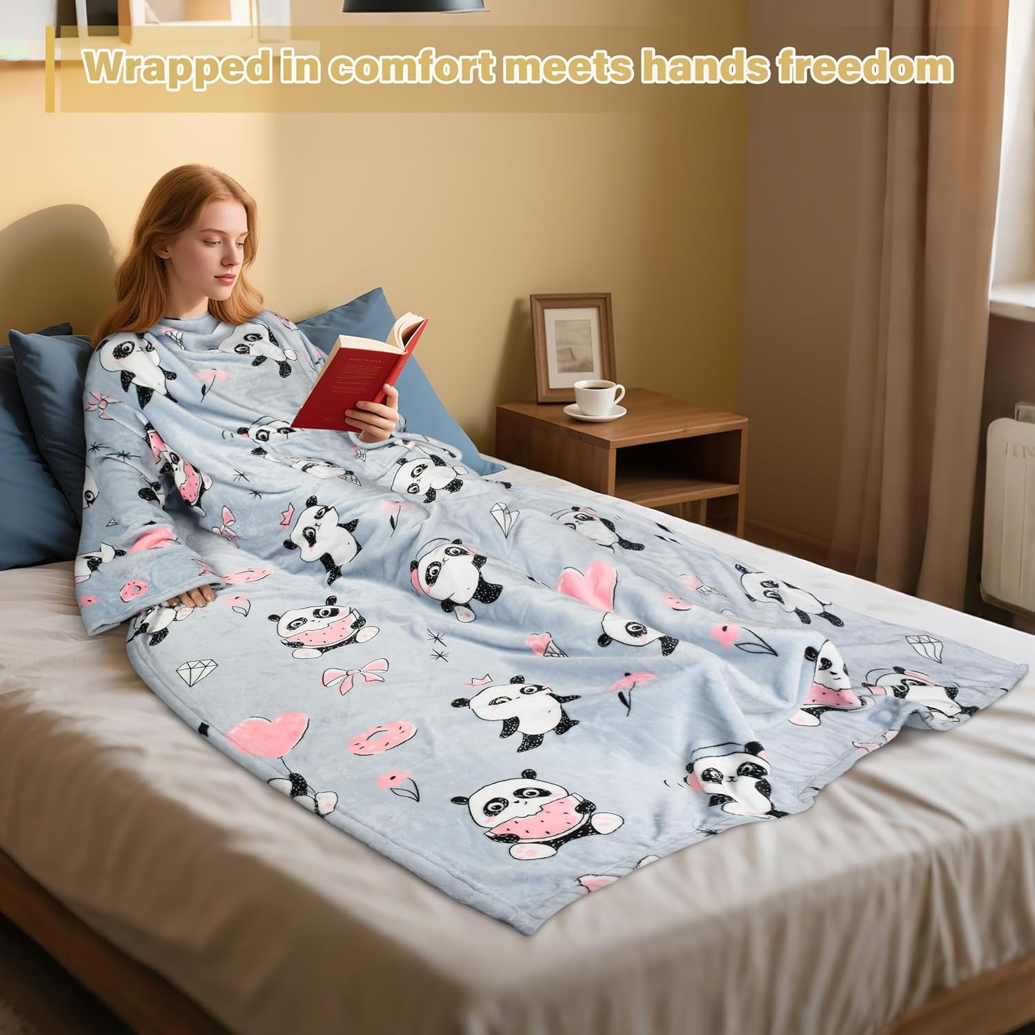 image:imageCatalonia Wearable Blanket with Sleeves for Women amp Men Fleece Wrap Throw 80s Cat Dog Print amp Sleeve Design for HandsFree Comfort Perfect for Reading TV Time amp Relaxing Christmas amp Birthday GiftPanda Grey