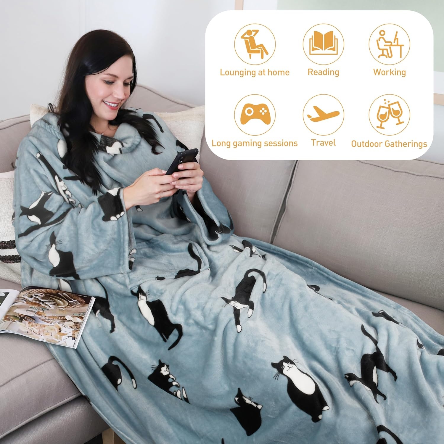 image:imageCatalonia Wearable Blanket with Sleeves for Women amp Men Fleece Wrap Throw 80s Cat Dog Print amp Sleeve Design for HandsFree Comfort Perfect for Reading TV Time amp Relaxing Christmas amp Birthday GiftWondercat Grey