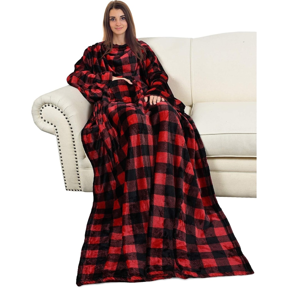 image:imageCatalonia Wearable Blanket with Sleeves for Women amp Men Fleece Wrap Throw 80s Cat Dog Print amp Sleeve Design for HandsFree Comfort Perfect for Reading TV Time amp Relaxing Christmas amp Birthday GiftRed Black Checker
