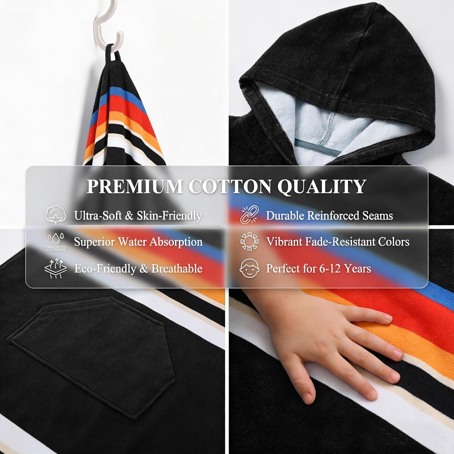 image:imageCatalonia Kids Hooded Poncho Towel for Surf Swim Absorbent Beach Wearable Towel for Teenagers Sand Proof Swim Changing RobeBlack Stripe