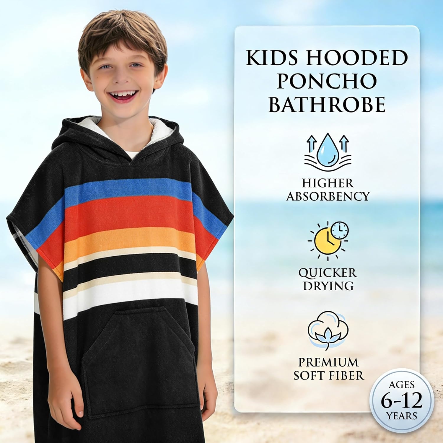 image:imageCatalonia Kids Hooded Poncho Towel for Surf Swim Absorbent Beach Wearable Towel for Teenagers Sand Proof Swim Changing RobeBlack Stripe