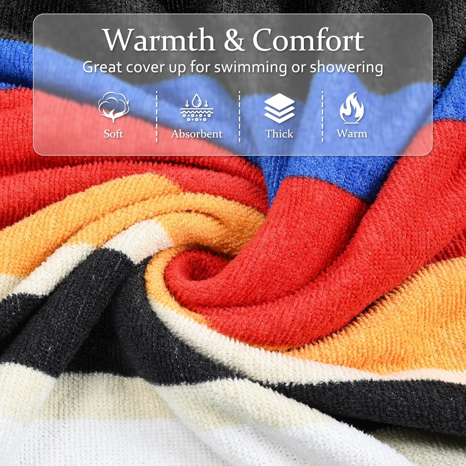 image:imageCatalonia Kids Hooded Poncho Towel for Surf Swim Absorbent Beach Wearable Towel for Teenagers Sand Proof Swim Changing RobeBlack Stripe