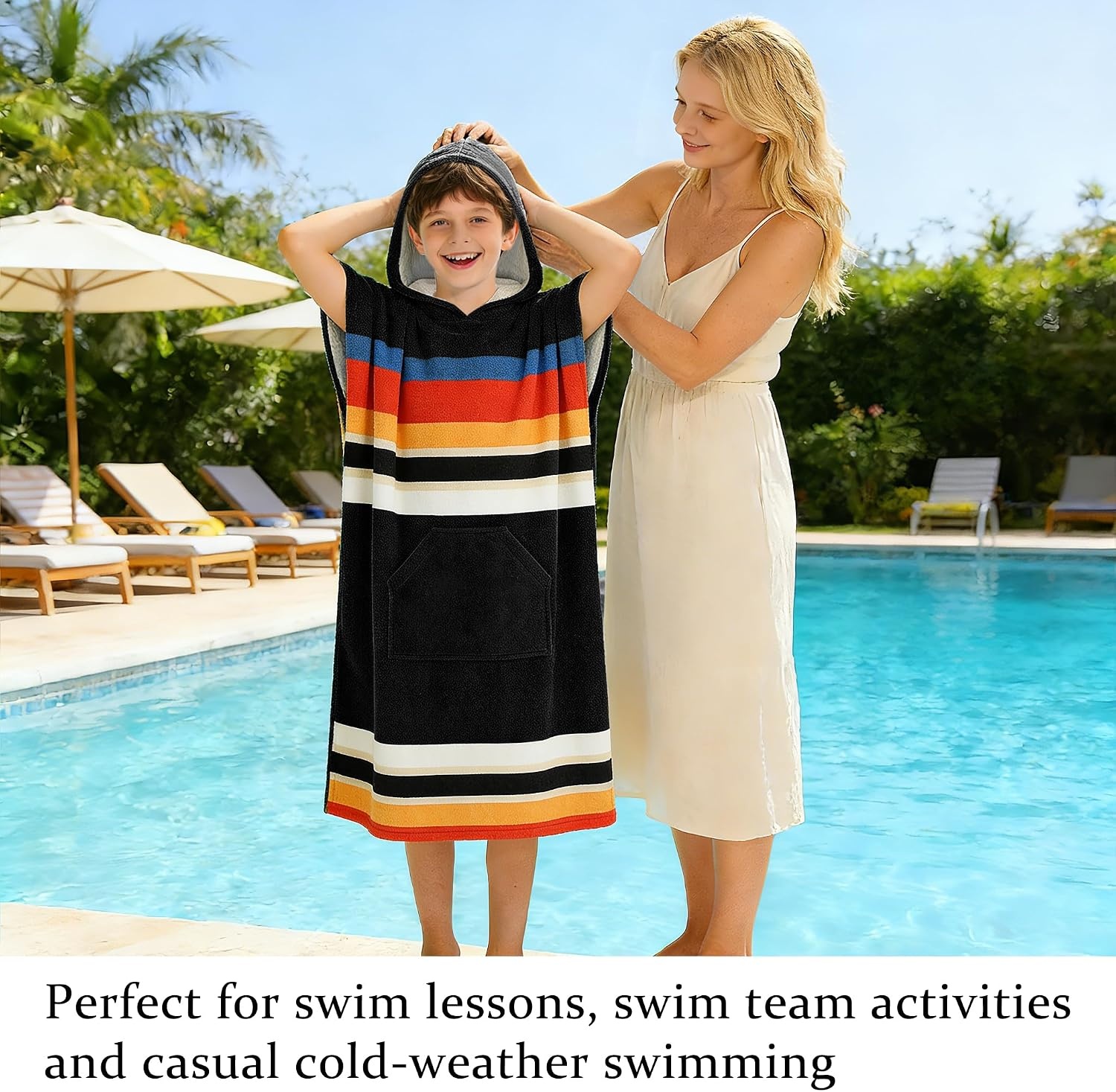 image:imageCatalonia Kids Hooded Poncho Towel for Surf Swim Absorbent Beach Wearable Towel for Teenagers Sand Proof Swim Changing RobeBlack Stripe
