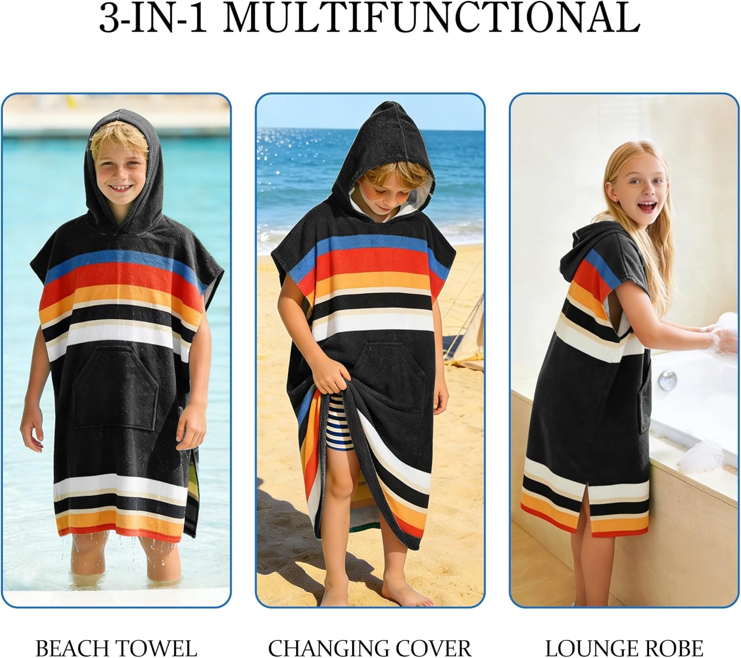 image:imageCatalonia Kids Hooded Poncho Towel for Surf Swim Absorbent Beach Wearable Towel for Teenagers Sand Proof Swim Changing RobeBlack Stripe