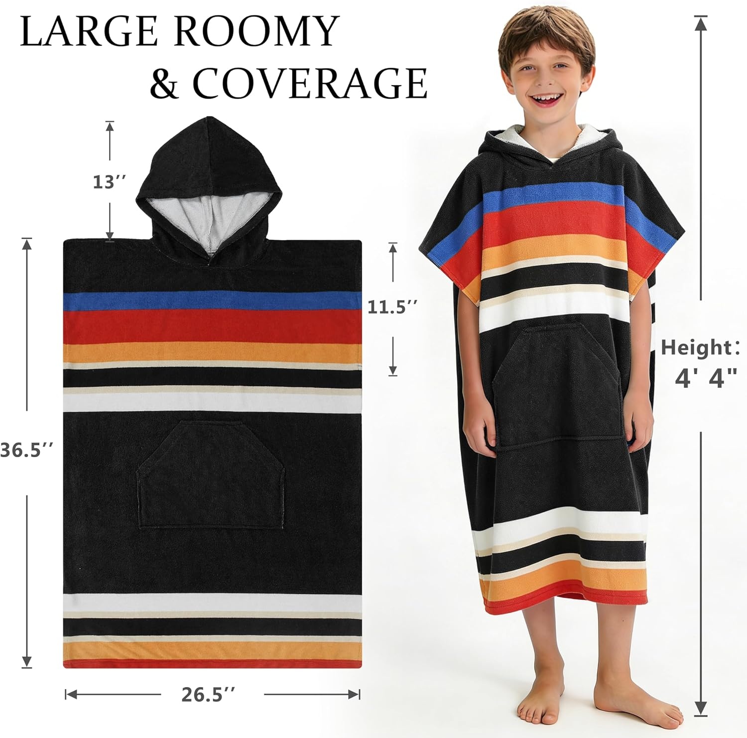 image:imageCatalonia Kids Hooded Poncho Towel for Surf Swim Absorbent Beach Wearable Towel for Teenagers Sand Proof Swim Changing RobeBlack Stripe
