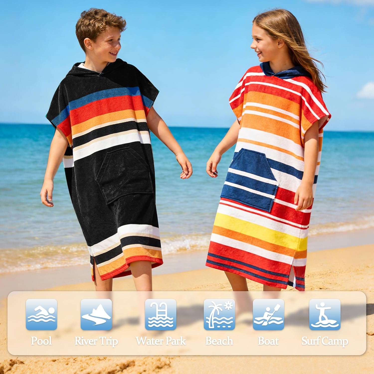 image:imageCatalonia Kids Hooded Poncho Towel for Surf Swim Absorbent Beach Wearable Towel for Teenagers Sand Proof Swim Changing RobeBlack Stripe