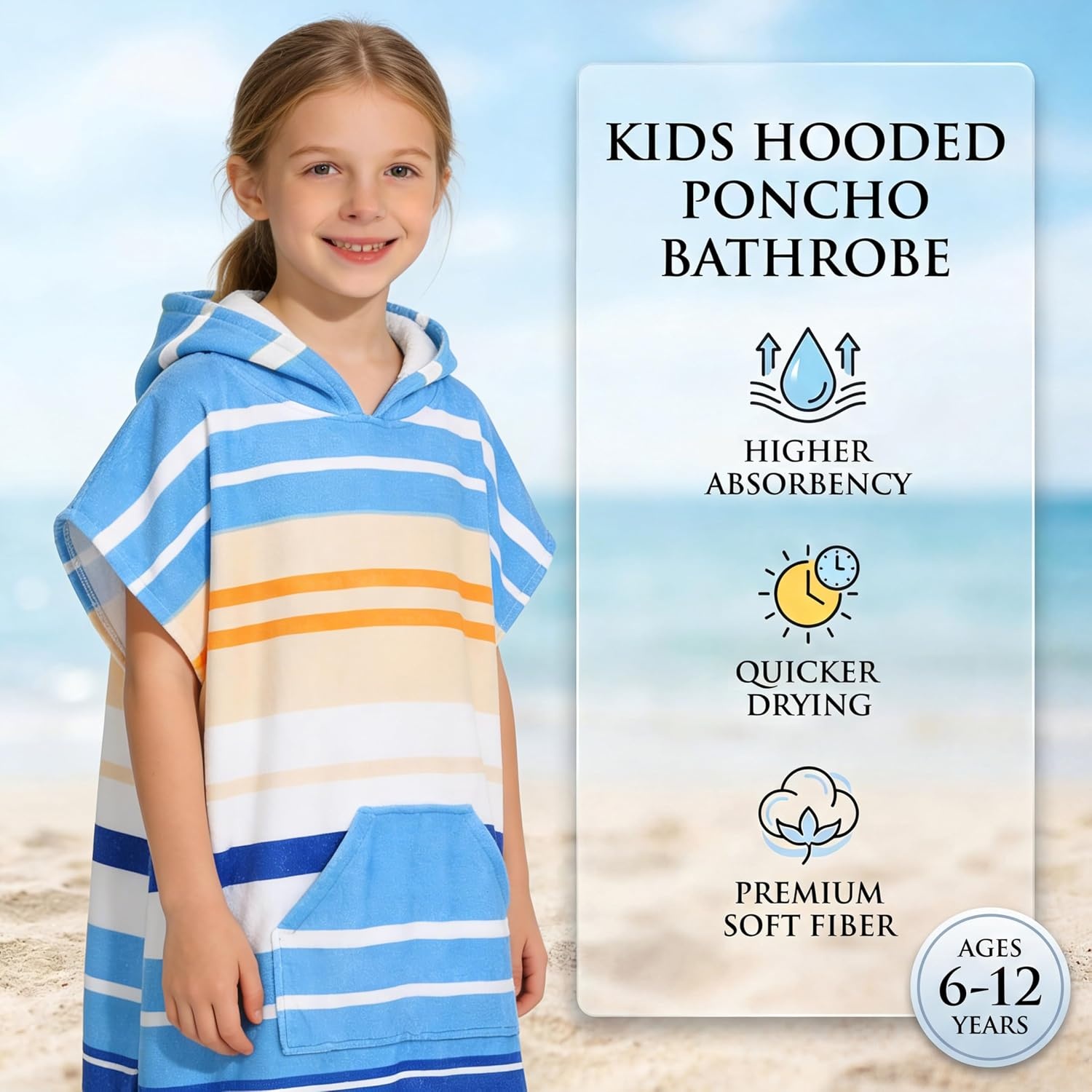 image:imageCatalonia Kids Hooded Poncho Towel for Surf Swim Absorbent Beach Wearable Towel for Teenagers Sand Proof Swim Changing RobeBlue Stripe