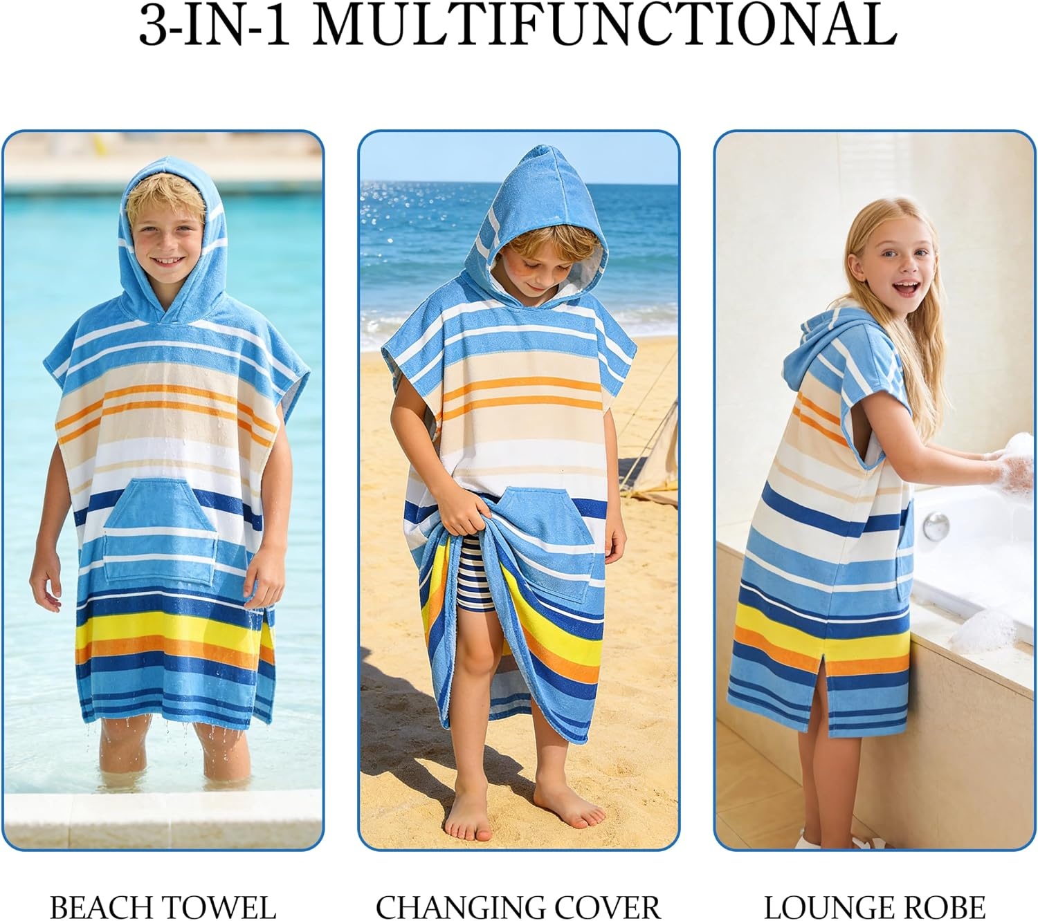 image:imageCatalonia Kids Hooded Poncho Towel for Surf Swim Absorbent Beach Wearable Towel for Teenagers Sand Proof Swim Changing RobeBlue Stripe
