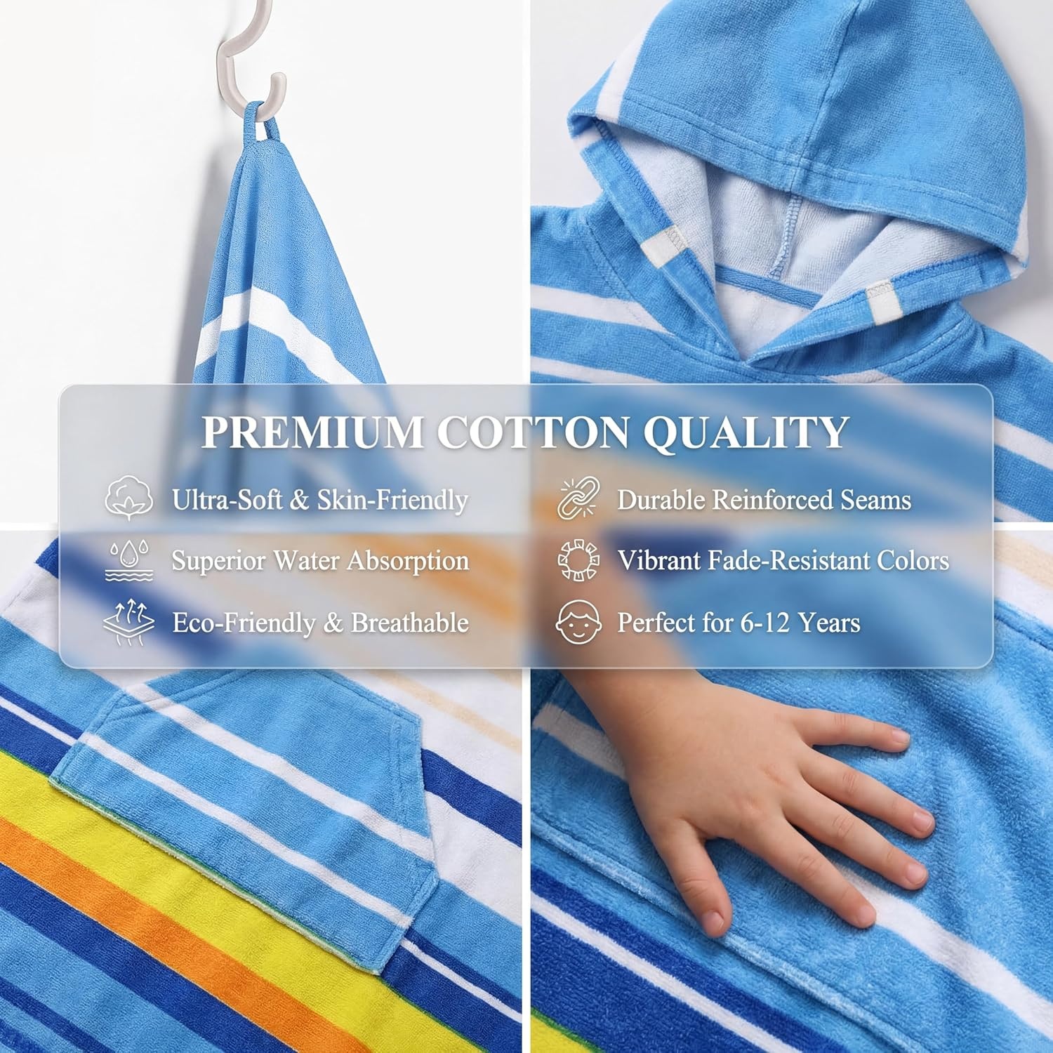 image:imageCatalonia Kids Hooded Poncho Towel for Surf Swim Absorbent Beach Wearable Towel for Teenagers Sand Proof Swim Changing RobeBlue Stripe