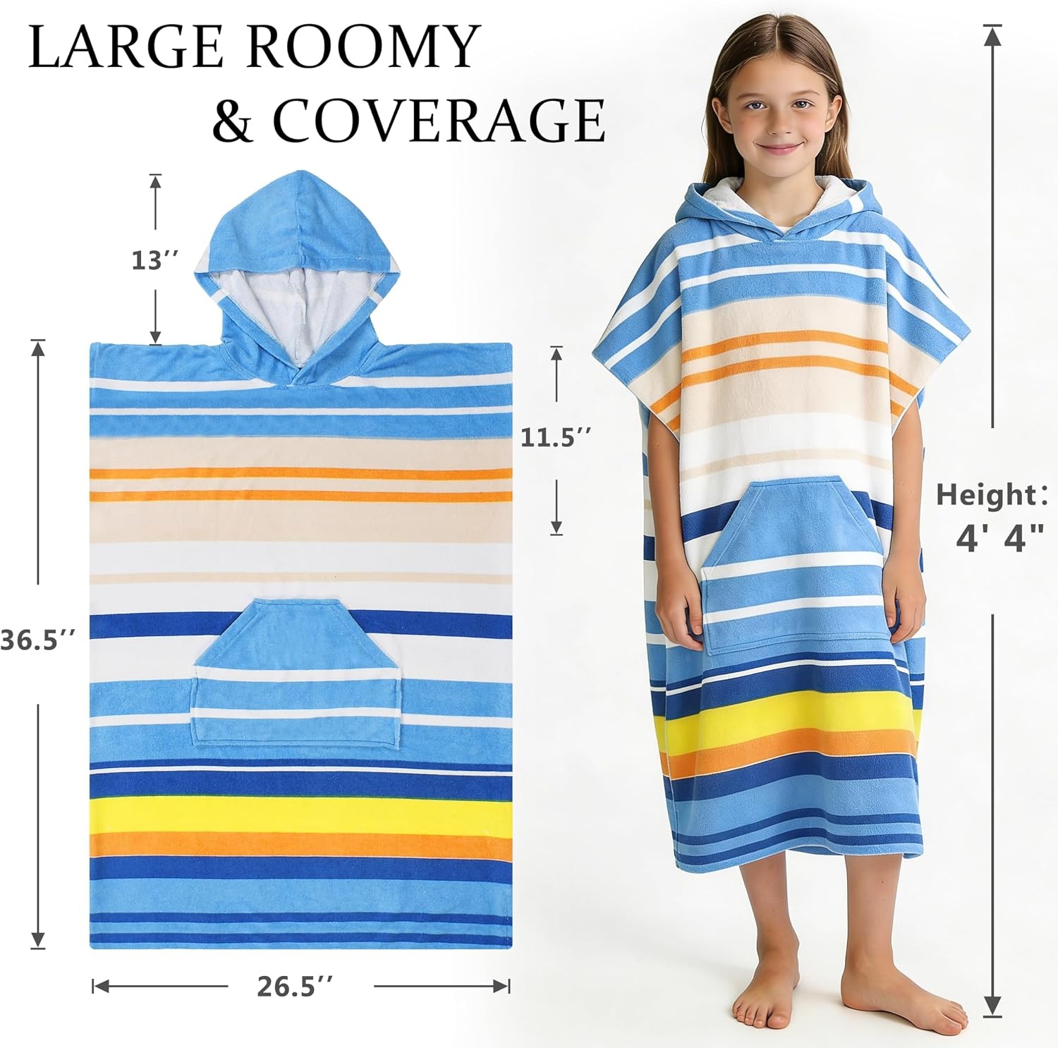 image:imageCatalonia Kids Hooded Poncho Towel for Surf Swim Absorbent Beach Wearable Towel for Teenagers Sand Proof Swim Changing RobeBlue Stripe