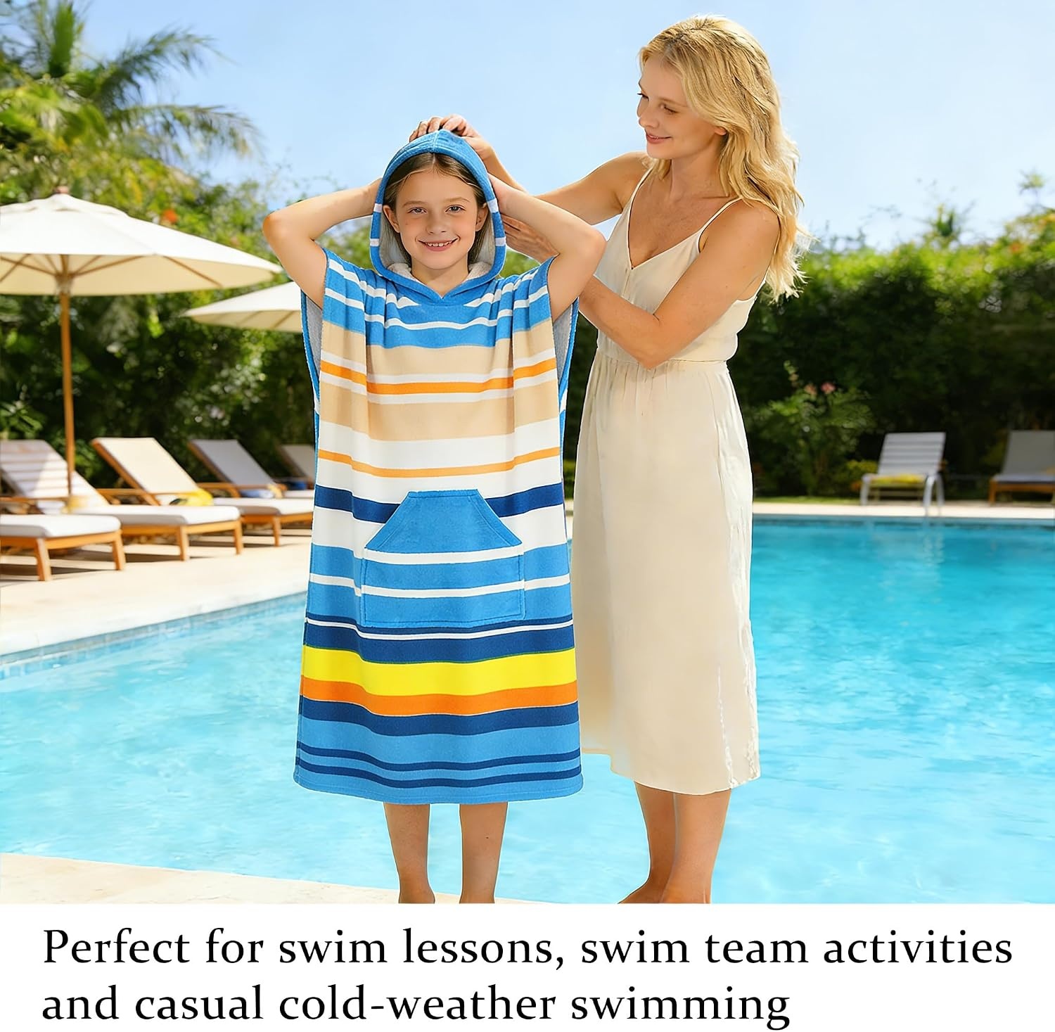 image:imageCatalonia Kids Hooded Poncho Towel for Surf Swim Absorbent Beach Wearable Towel for Teenagers Sand Proof Swim Changing RobeBlue Stripe