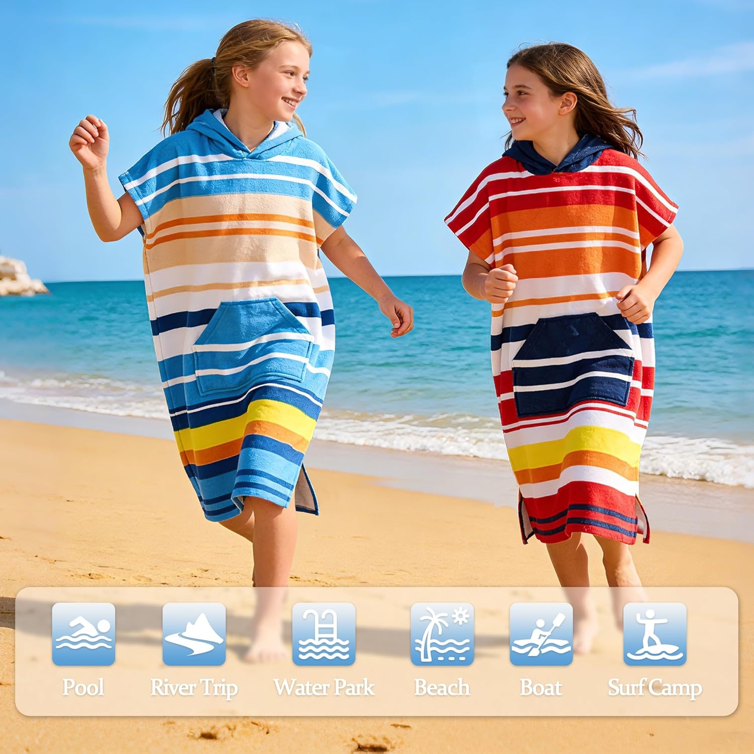 image:imageCatalonia Kids Hooded Poncho Towel for Surf Swim Absorbent Beach Wearable Towel for Teenagers Sand Proof Swim Changing RobeBlue Stripe
