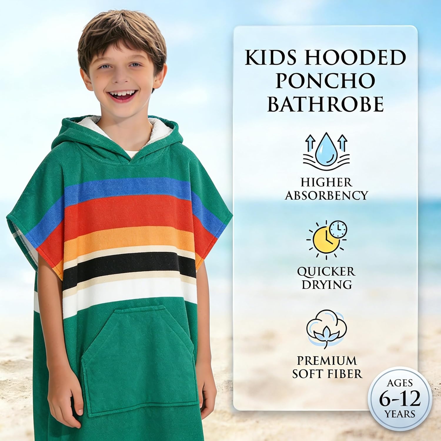 image:imageCatalonia Kids Hooded Poncho Towel for Surf Swim Absorbent Beach Wearable Towel for Teenagers Sand Proof Swim Changing RobeGreen Stripe