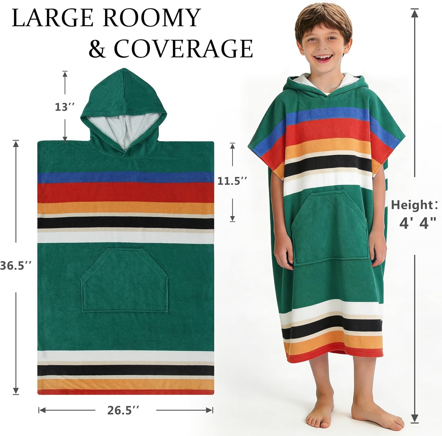image:imageCatalonia Kids Hooded Poncho Towel for Surf Swim Absorbent Beach Wearable Towel for Teenagers Sand Proof Swim Changing RobeGreen Stripe