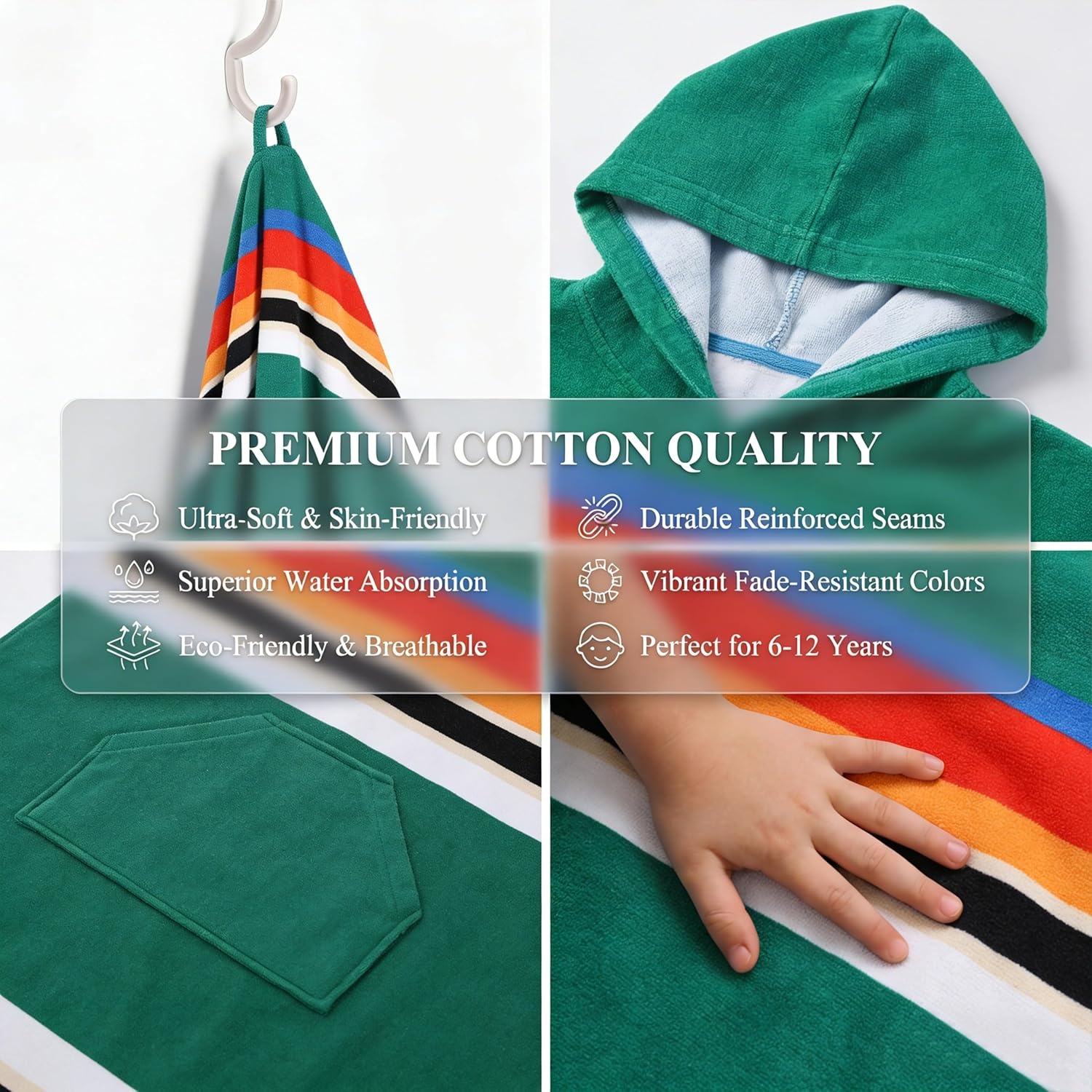 image:imageCatalonia Kids Hooded Poncho Towel for Surf Swim Absorbent Beach Wearable Towel for Teenagers Sand Proof Swim Changing RobeGreen Stripe